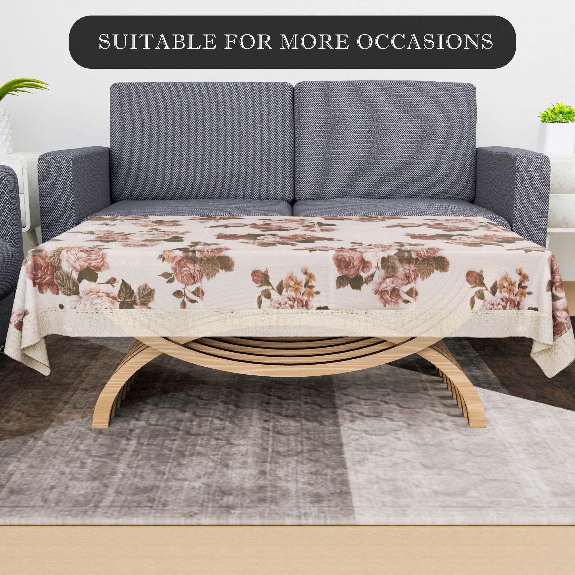 Kuber Industries Center Table Cover  40x60 Inch  PVC Table Cloth  Decorative Table Cover  Tea Table Cover  4 Seater Kitchen Table Cloth  Brown Flower Cream Lace  Transparent