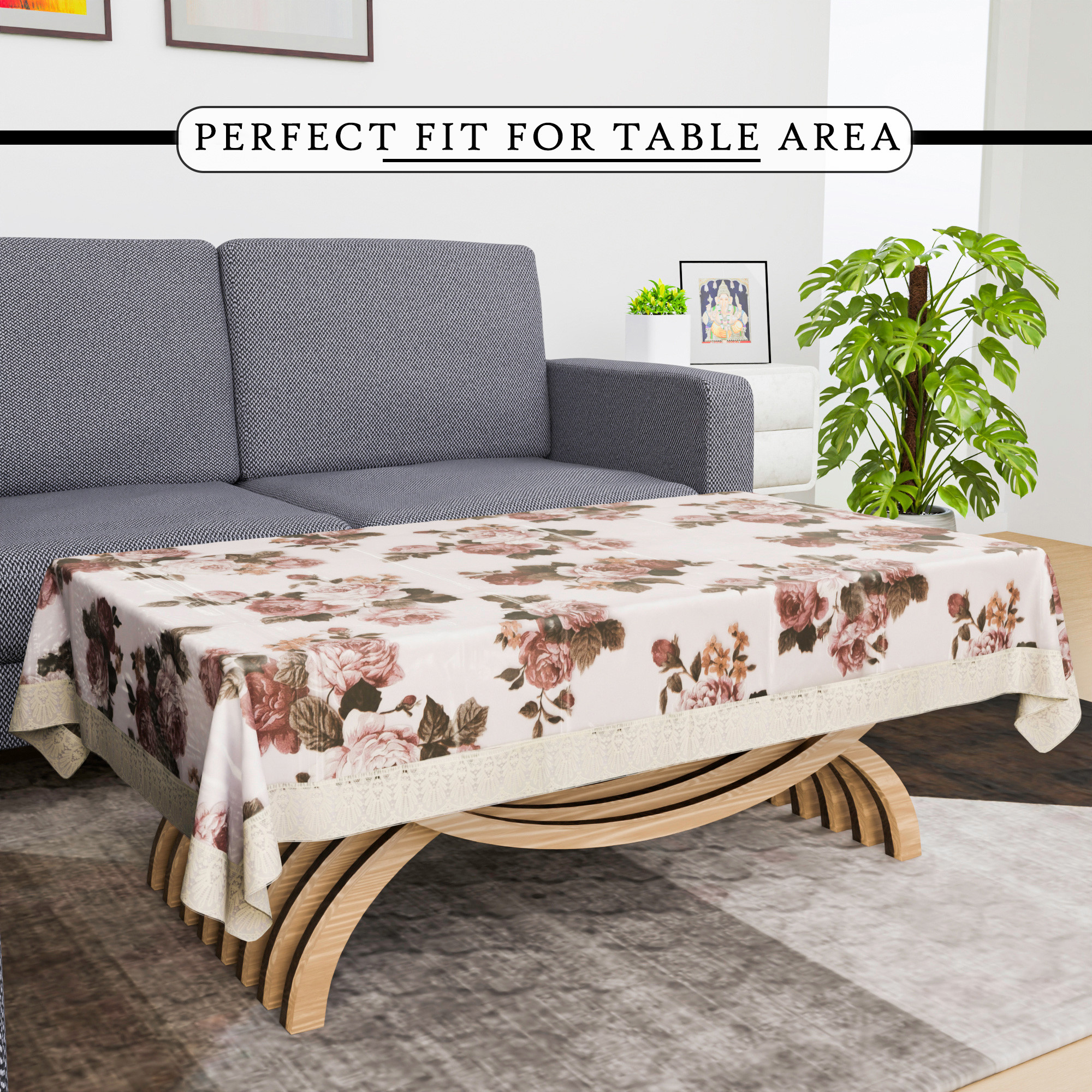 Kuber Industries Center Table Cover  40x60 Inch  PVC Table Cloth  Decorative Table Cover  Tea Table Cover  4 Seater Kitchen Table Cloth  Brown Flower Cream Lace  Transparent