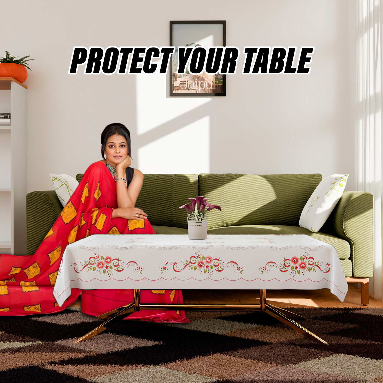 Kuber Industries Center Table Cover | Alloy PVC Flower Center Table Cover | Luxurious Table Protector for Everyday Use | 40x60 Inch | White & Red