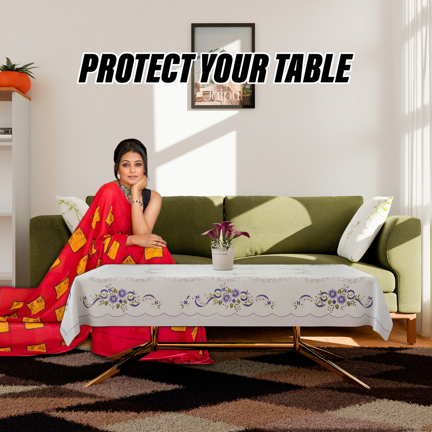 Kuber Industries Center Table Cover | Alloy PVC Flower Center Table Cover | Luxurious Table Protector for Everyday Use | 40x60 Inch | White & Blue