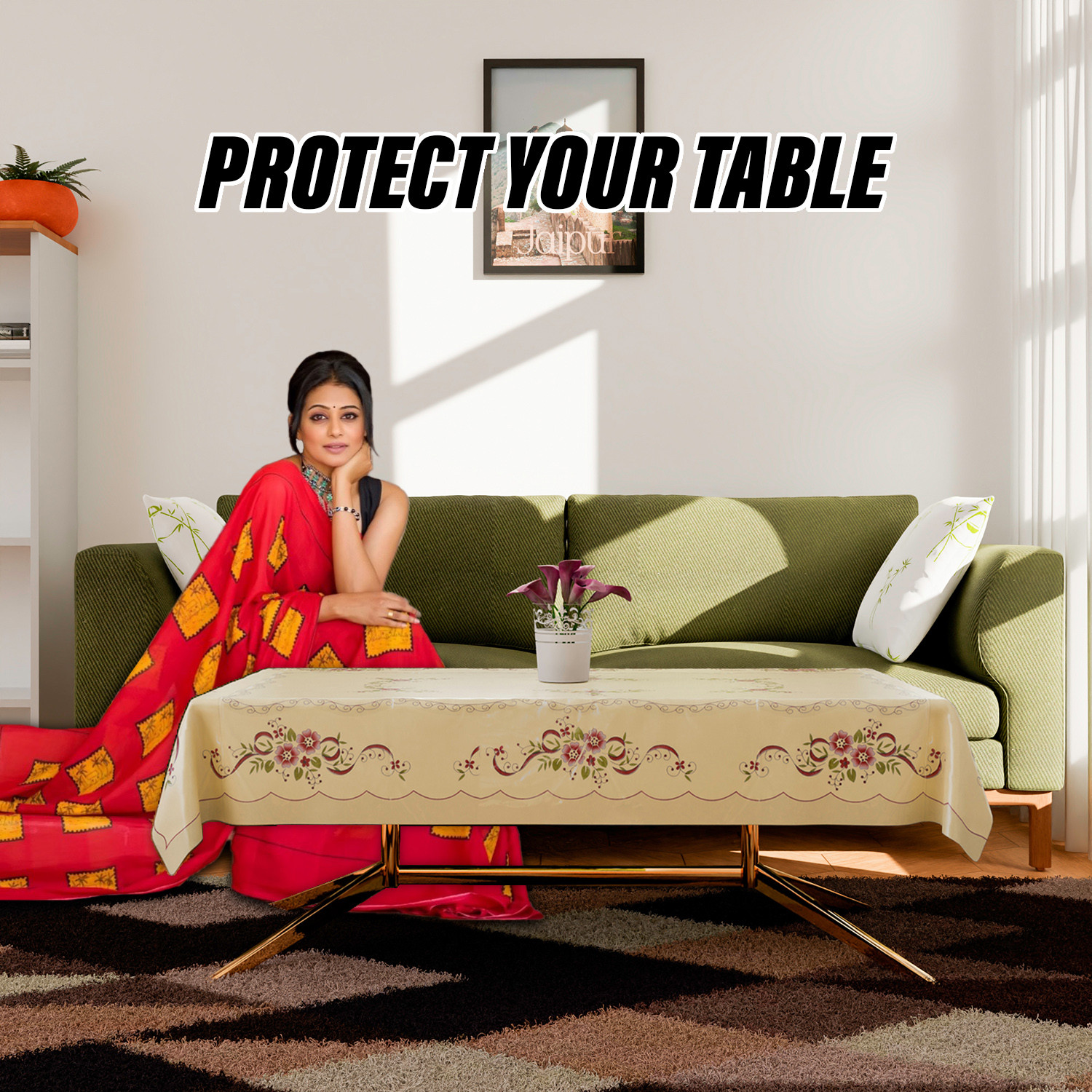 Kuber Industries Center Table Cover | Alloy PVC Flower Center Table Cover | Luxurious Table Protector for Everyday Use | 40x60 Inch | Cream