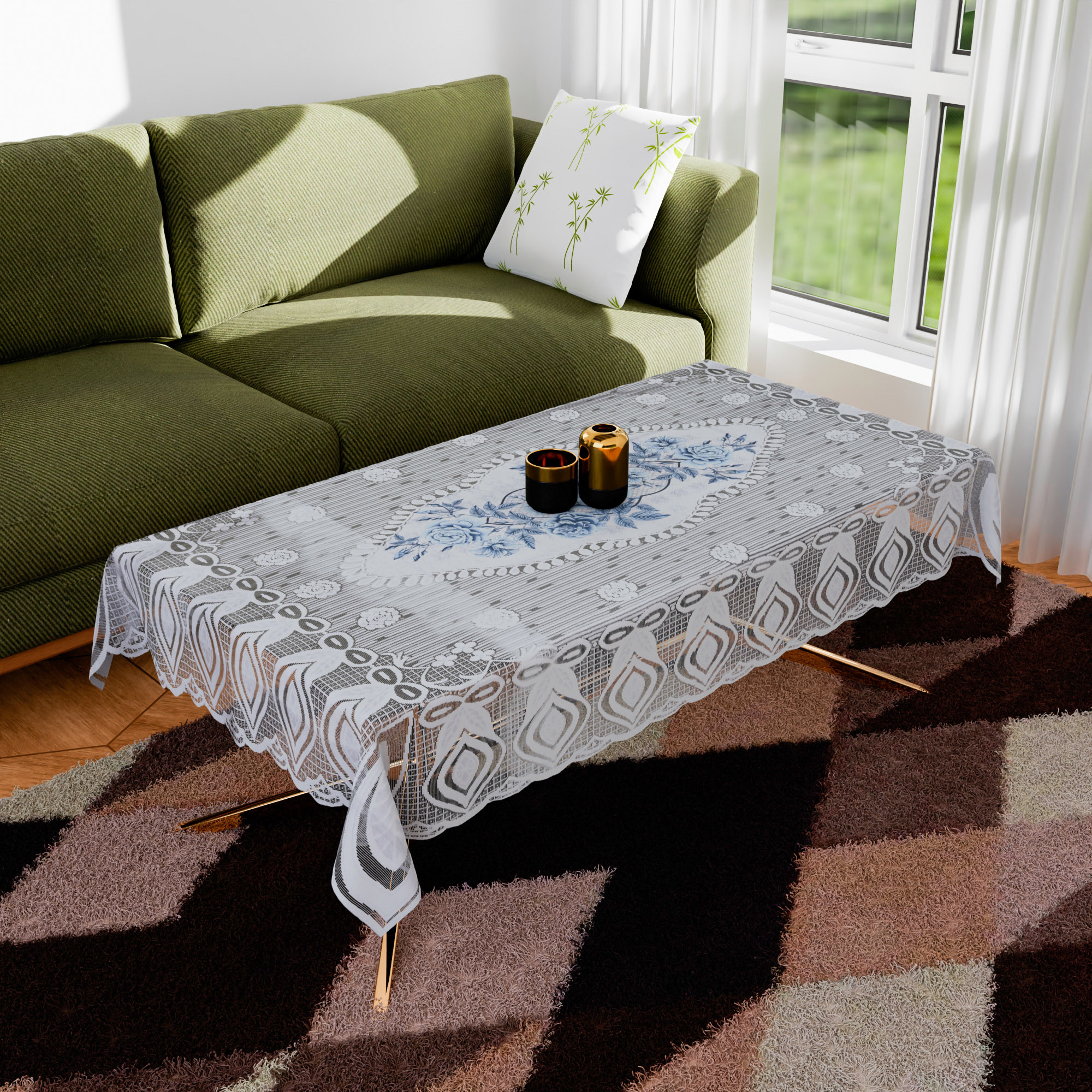 Kuber Industries Center Table Cover | Cotton Table Cloth Cover | 4-Seater Table Cloth | Glory Table Cover | Table Protector | Table Cover for Center Table | 40x60 Inch | CTC | White & Blue