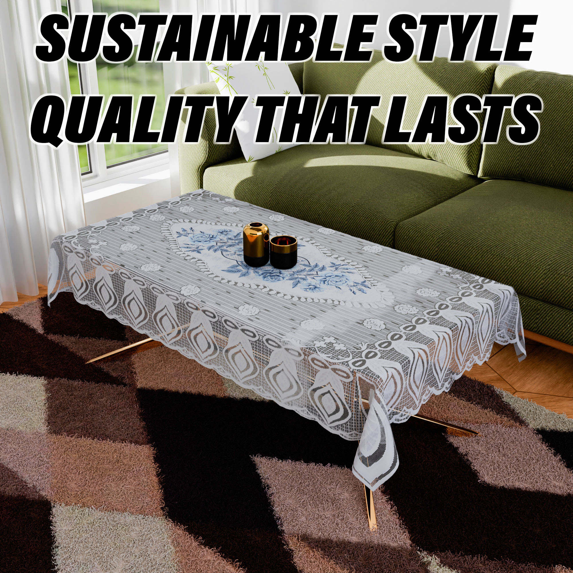 Kuber Industries Center Table Cover | Cotton Table Cloth Cover | 4-Seater Table Cloth | Glory Table Cover | Table Protector | Table Cover for Center Table | 40x60 Inch | CTC | White & Blue