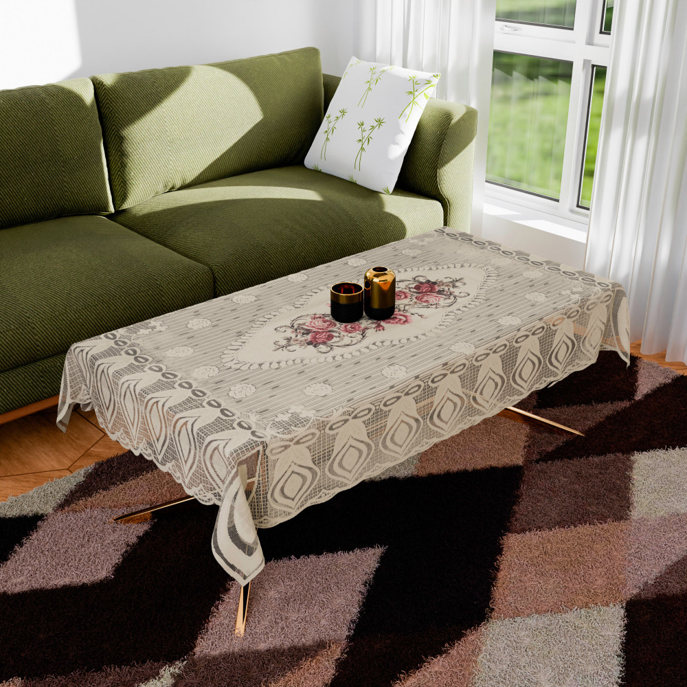 Kuber Industries Center Table Cover | Cotton Table Cloth Cover | 4-Seater Table Cloth | Glory Table Cover | Table Protector | Table Cover for Center Table | 40x60 Inch | CTC | Cream &amp; Pink