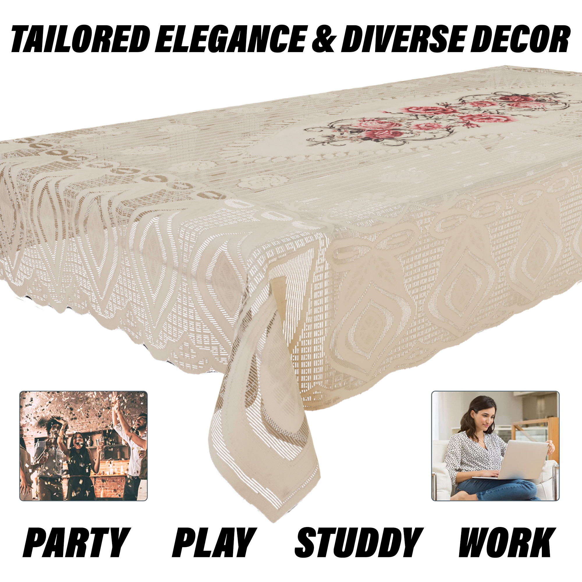 Kuber Industries Center Table Cover | Cotton Table Cloth Cover | 4-Seater Table Cloth | Glory Table Cover | Table Protector | Table Cover for Center Table | 40x60 Inch | CTC | Cream & Pink