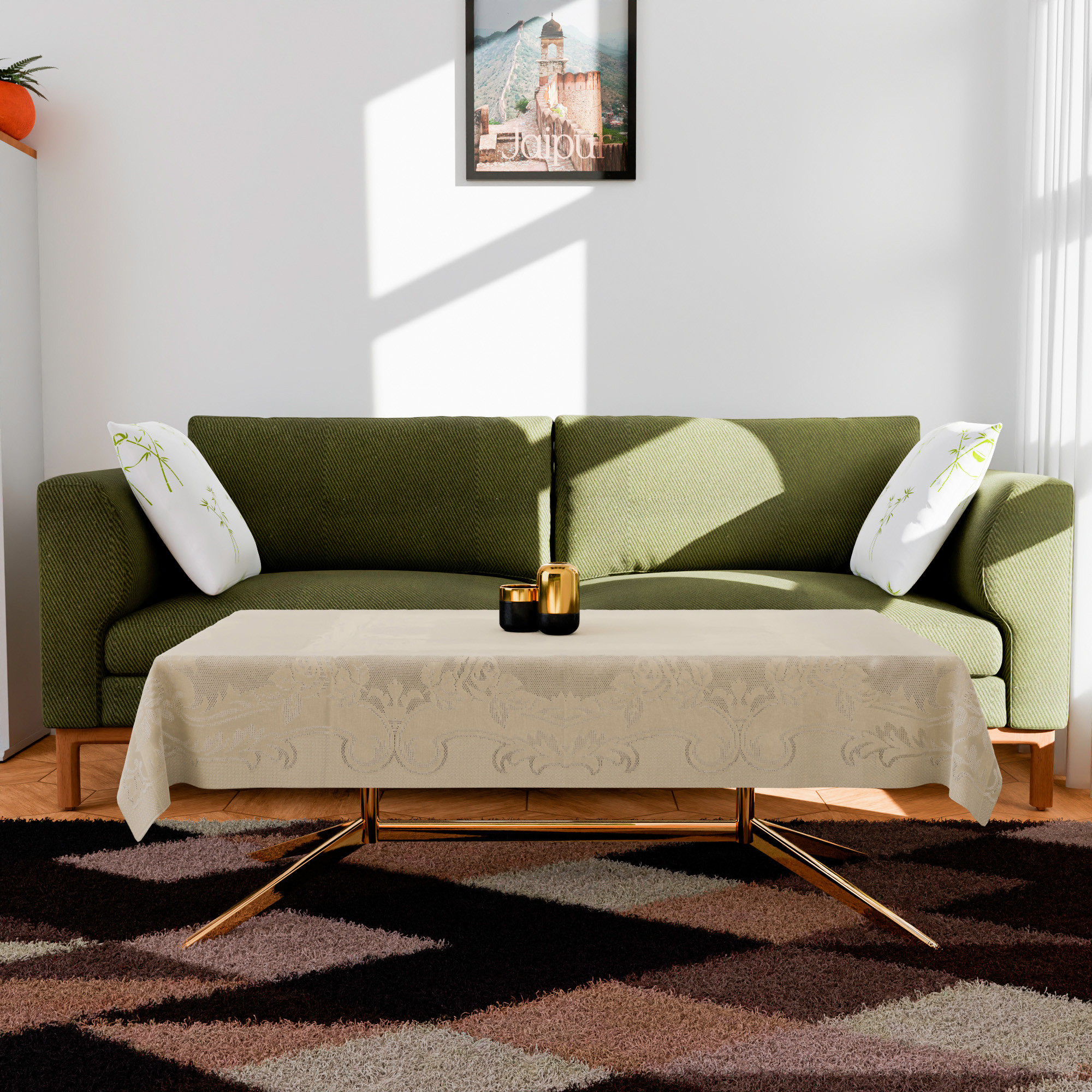 Kuber Industries Center Table Cover  Cotton Table Cloth Cover  4-Seater Table Cloth  Self Gulmohar Vila Table Cover  Table Protector  Table Cover for Center Table  40x60 Inch  Cream