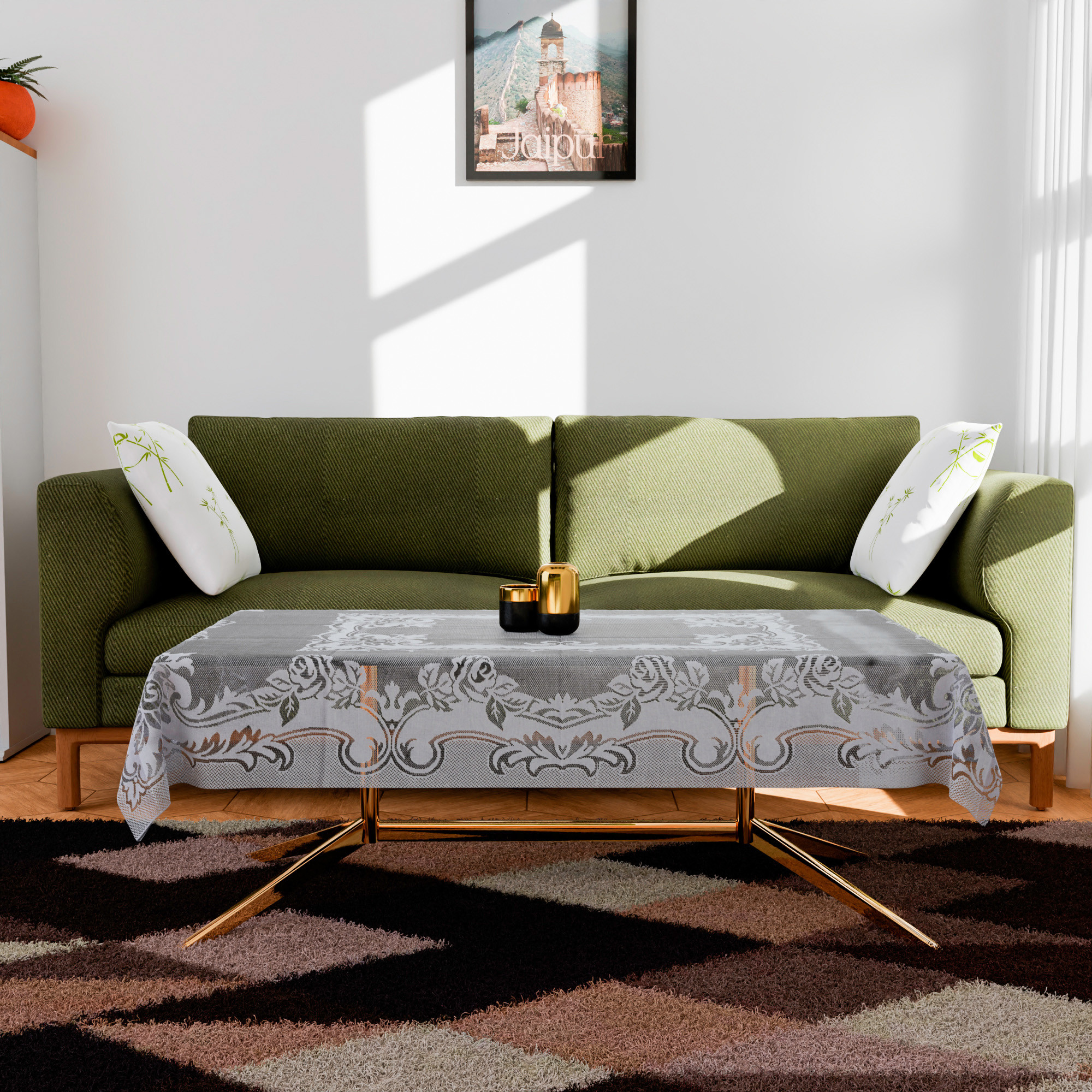 Kuber Industries Center Table Cover  Cotton Table Cloth Cover  4-Seater Table Cloth  Self Gulmohar Vila Table Cover  Table Protector  Table Cover for Center Table  40x60 Inch  White