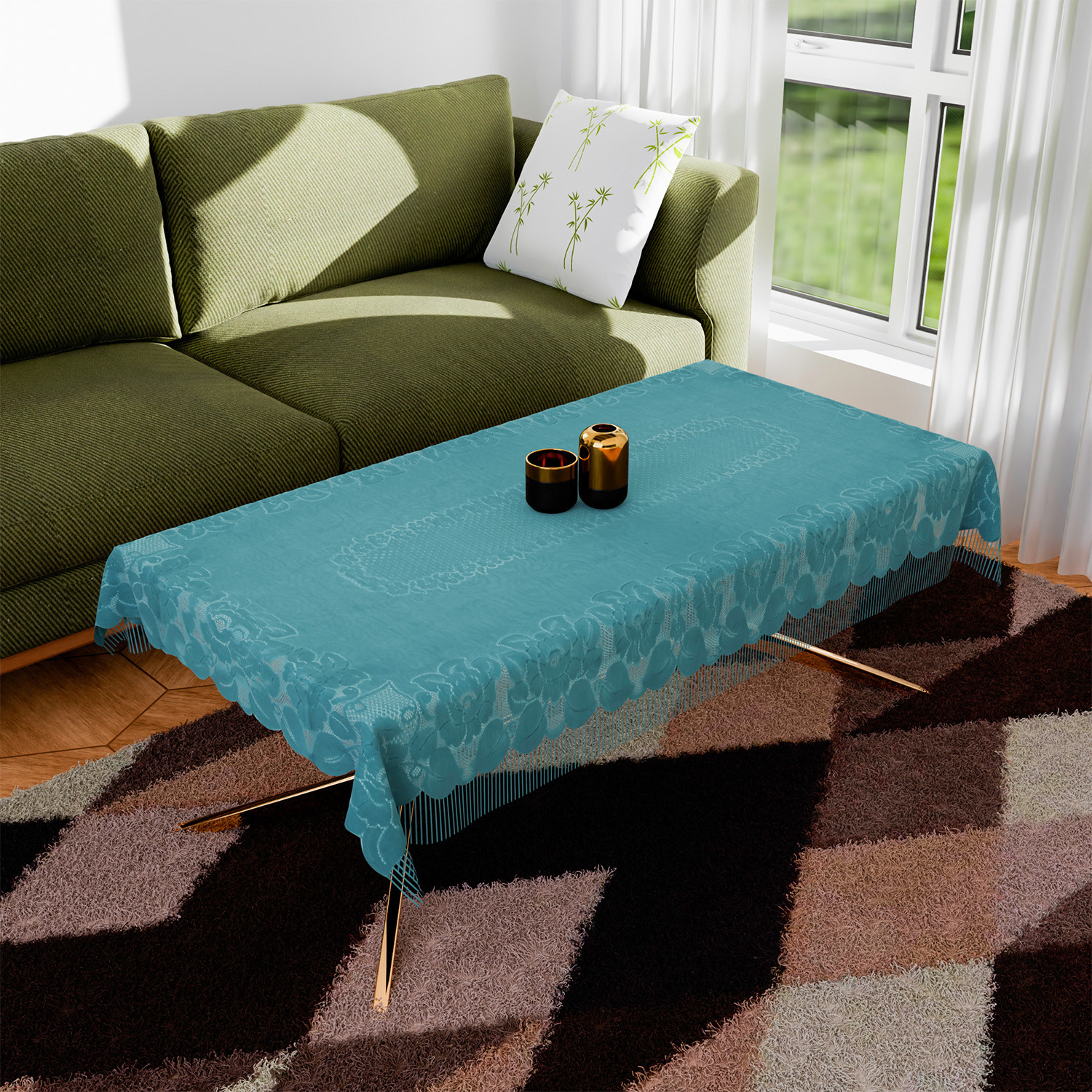 Kuber Industries Center Table Cover | Net Table Cloth Cover | 4 Seater Table Cloth | Jhalar Table Cover | Table Protector | Table Cover for Center Table | 60x40 Inch | CTC | Green