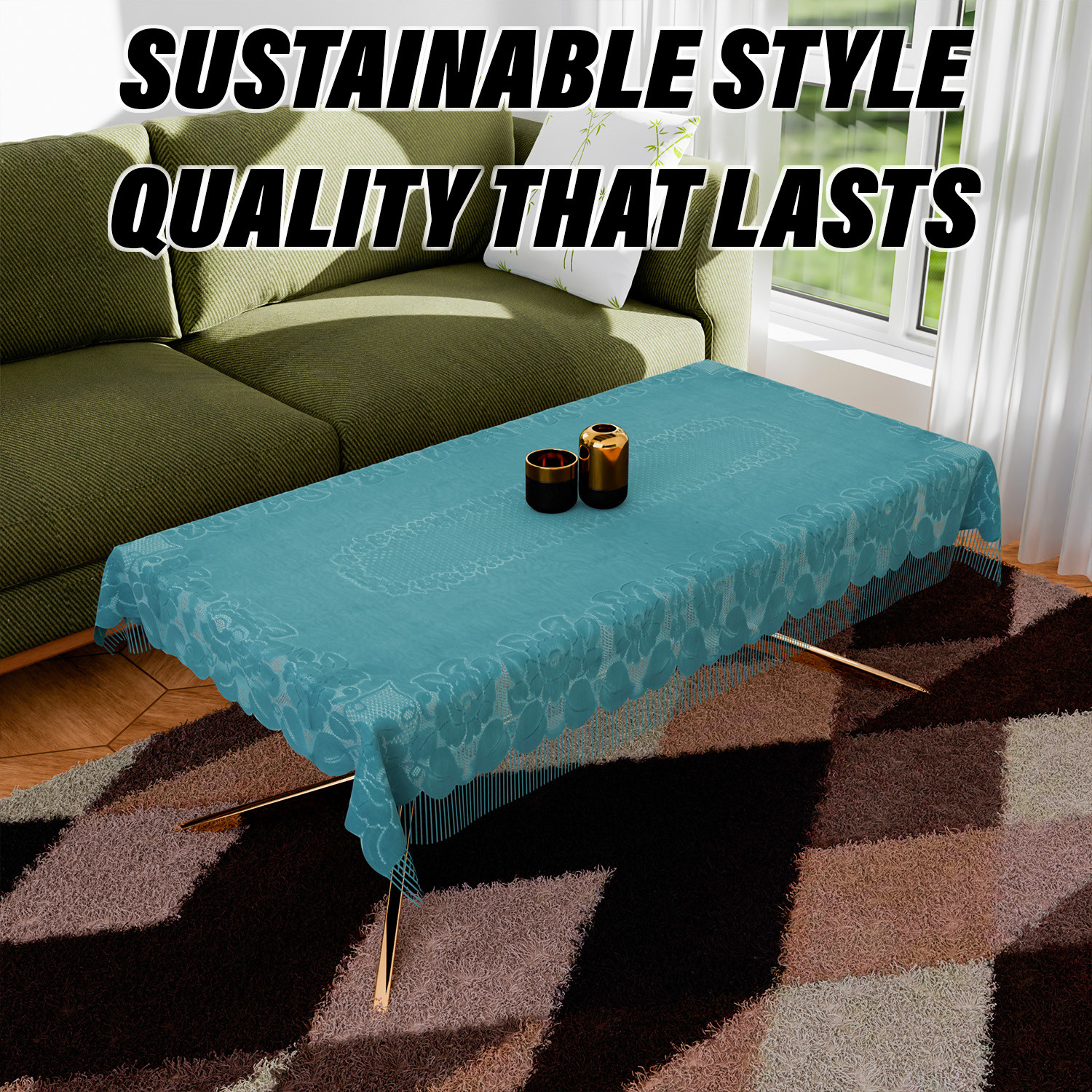 Kuber Industries Center Table Cover | Net Table Cloth Cover | 4 Seater Table Cloth | Jhalar Table Cover | Table Protector | Table Cover for Center Table | 60x40 Inch | CTC | Green