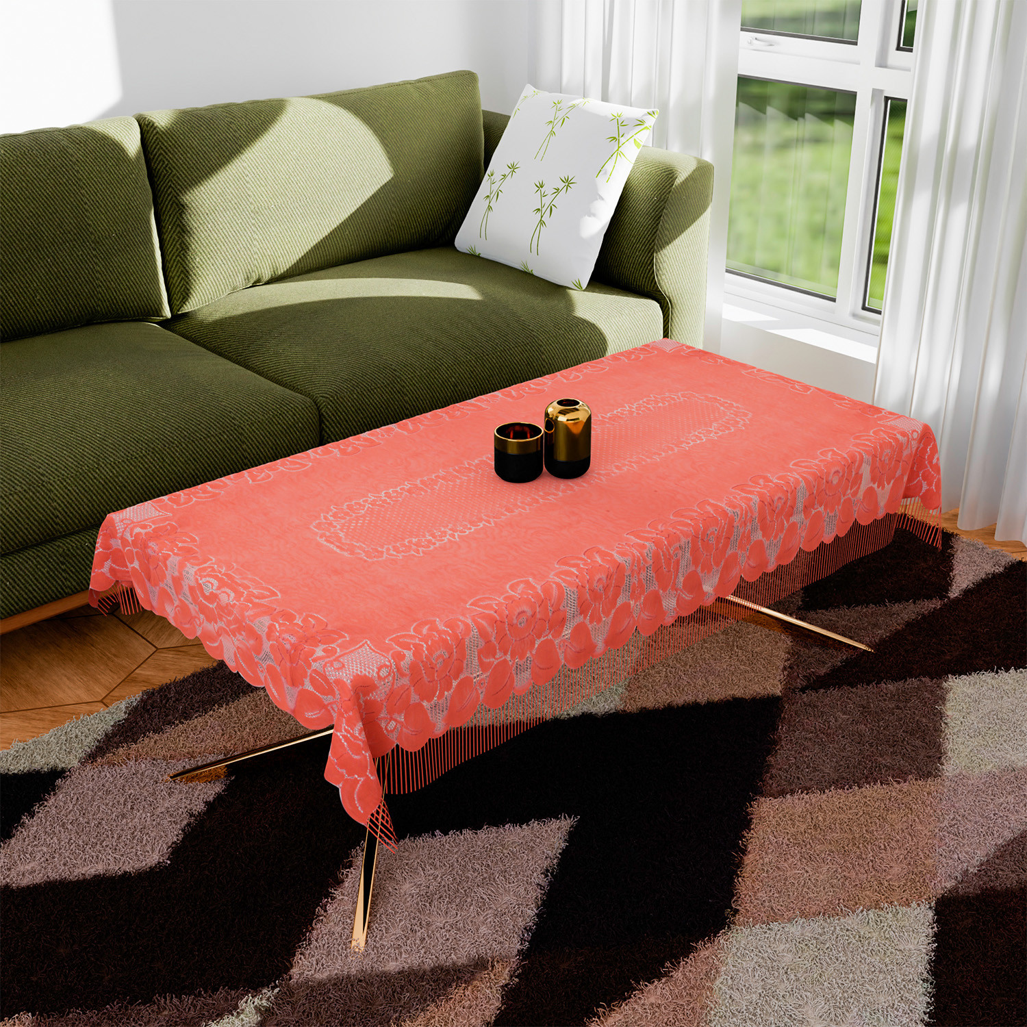 Kuber Industries Center Table Cover | Net Table Cloth Cover | 4 Seater Table Cloth | Jhalar Table Cover | Table Protector | Table Cover for Center Table | 60x40 Inch | CTC | Peach