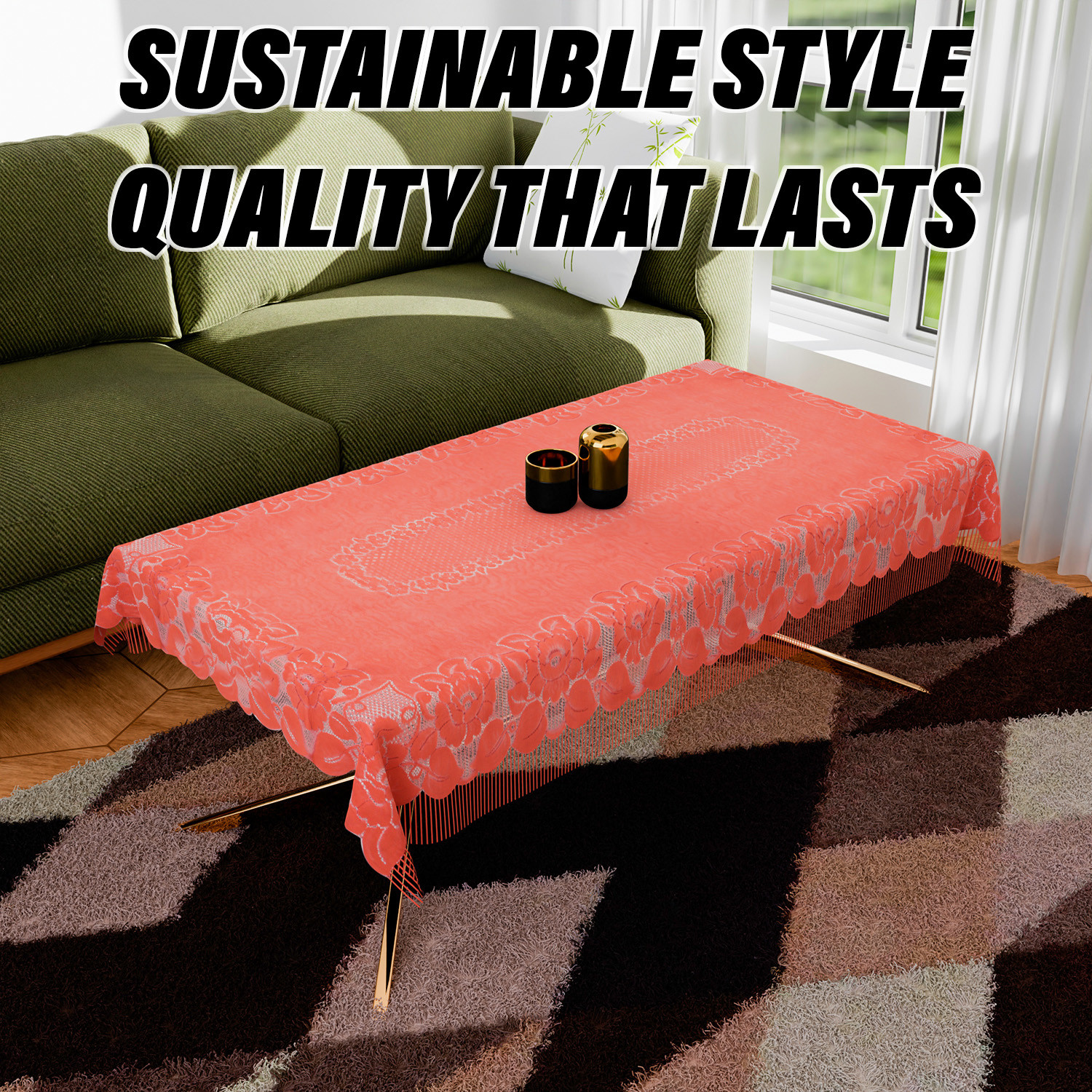 Kuber Industries Center Table Cover | Net Table Cloth Cover | 4 Seater Table Cloth | Jhalar Table Cover | Table Protector | Table Cover for Center Table | 60x40 Inch | CTC | Peach