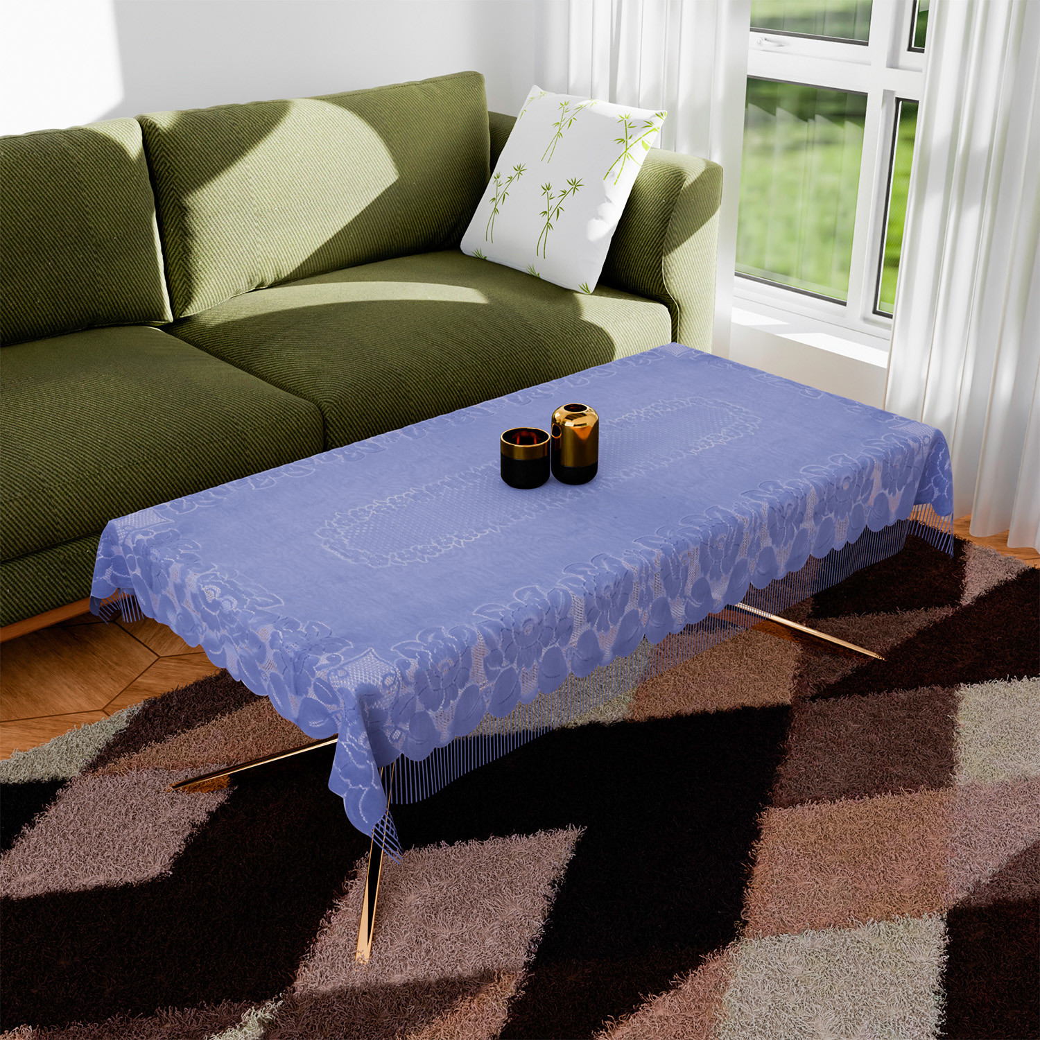 Kuber Industries Center Table Cover | Net Table Cloth Cover | 4 Seater Table Cloth | Jhalar Table Cover | Table Protector | Table Cover for Center Table | 60x40 Inch | CTC | Blue