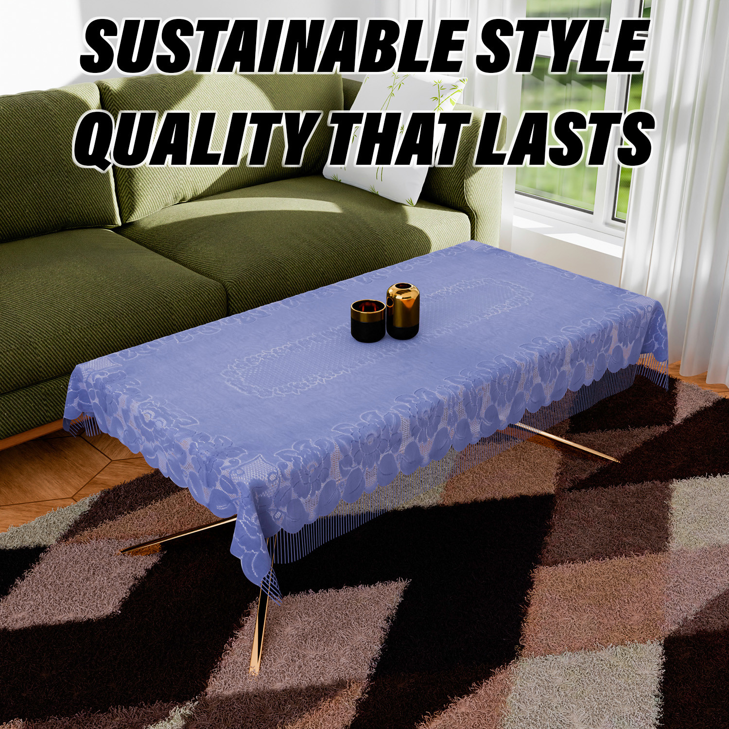 Kuber Industries Center Table Cover | Net Table Cloth Cover | 4 Seater Table Cloth | Jhalar Table Cover | Table Protector | Table Cover for Center Table | 60x40 Inch | CTC | Blue