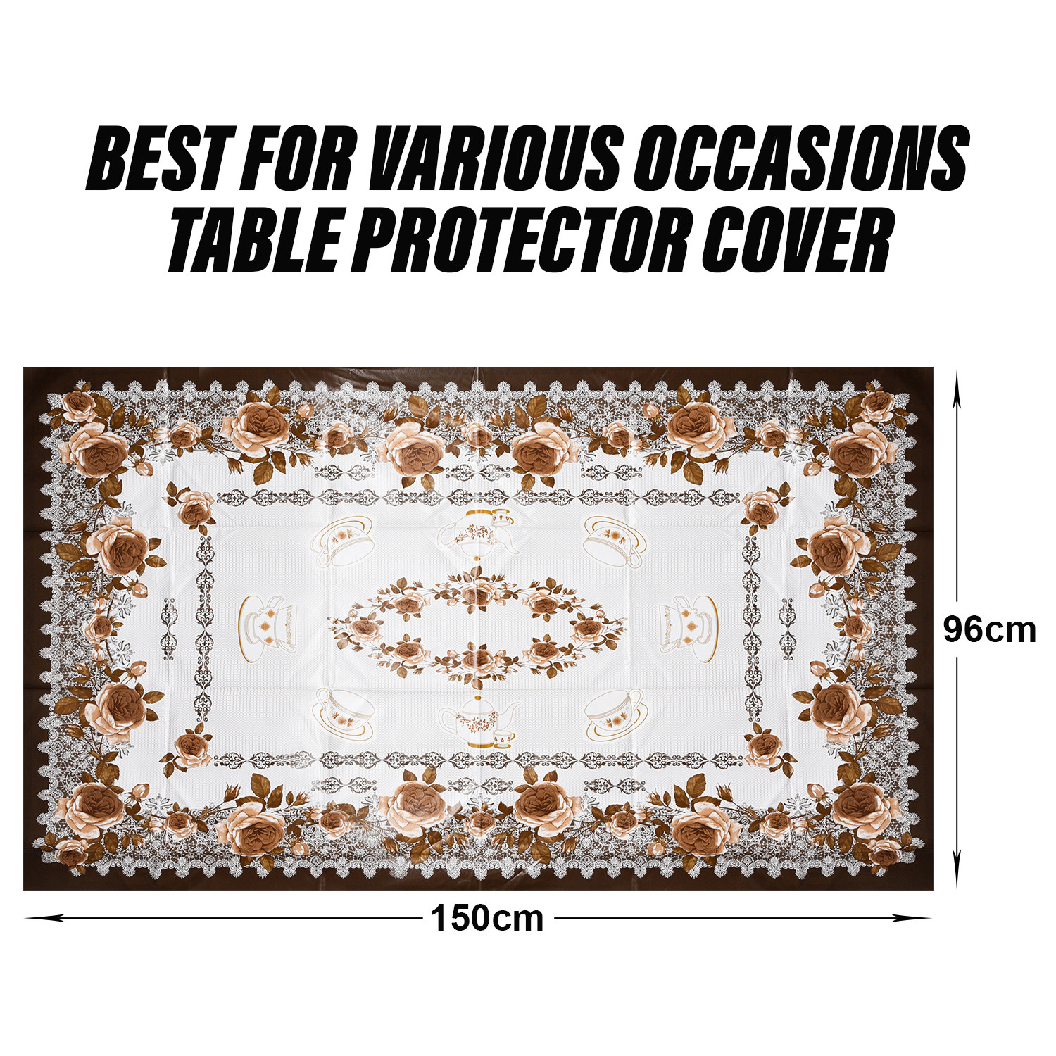 Kuber Industries Center Table Cover | PVC Cup Design with Floral Border Table Cover | Luxurious Table Protector Cover Without Lace for Home | 40x60 Inch | Brown
