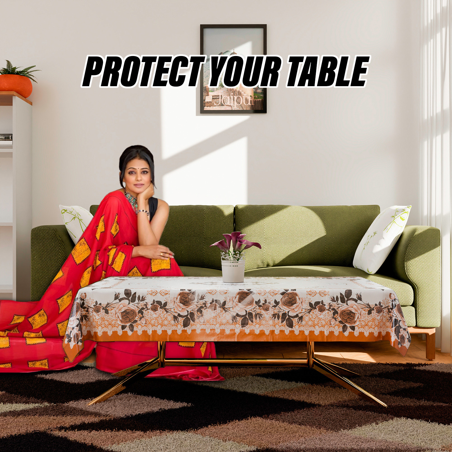 Kuber Industries Center Table Cover | PVC Cup Design with Floral Border Table Cover | Luxurious Table Protector Cover Without Lace for Home | 40x60 Inch | Orange