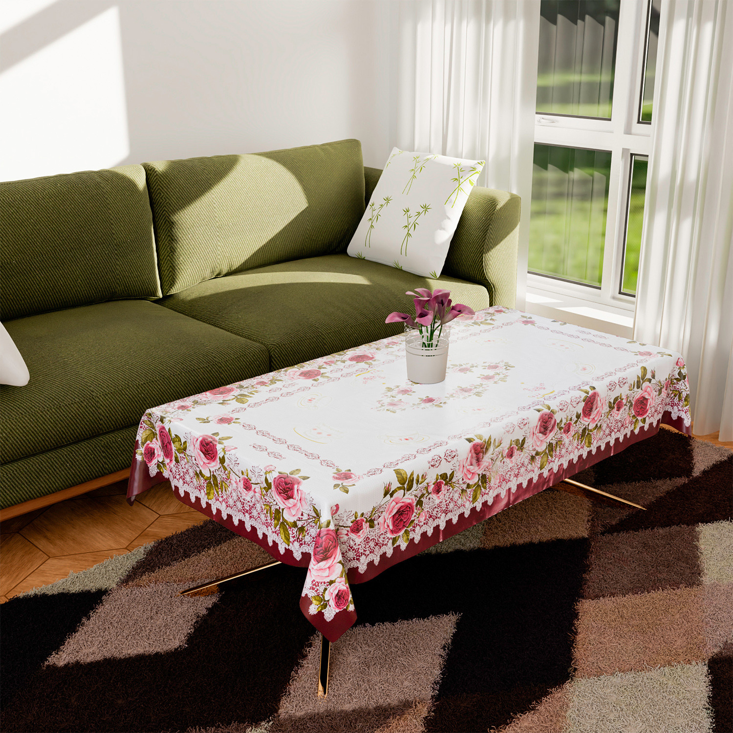Kuber Industries Center Table Cover  PVC Cup Design with Floral Border Table Cover  Luxurious Table Protector Cover Without Lace for Home  40x60 Inch  Pink