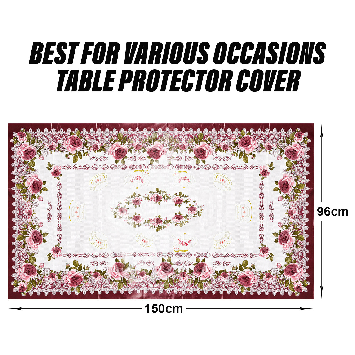 Kuber Industries Center Table Cover | PVC Cup Design with Floral Border Table Cover | Luxurious Table Protector Cover Without Lace for Home | 40x60 Inch | Pink