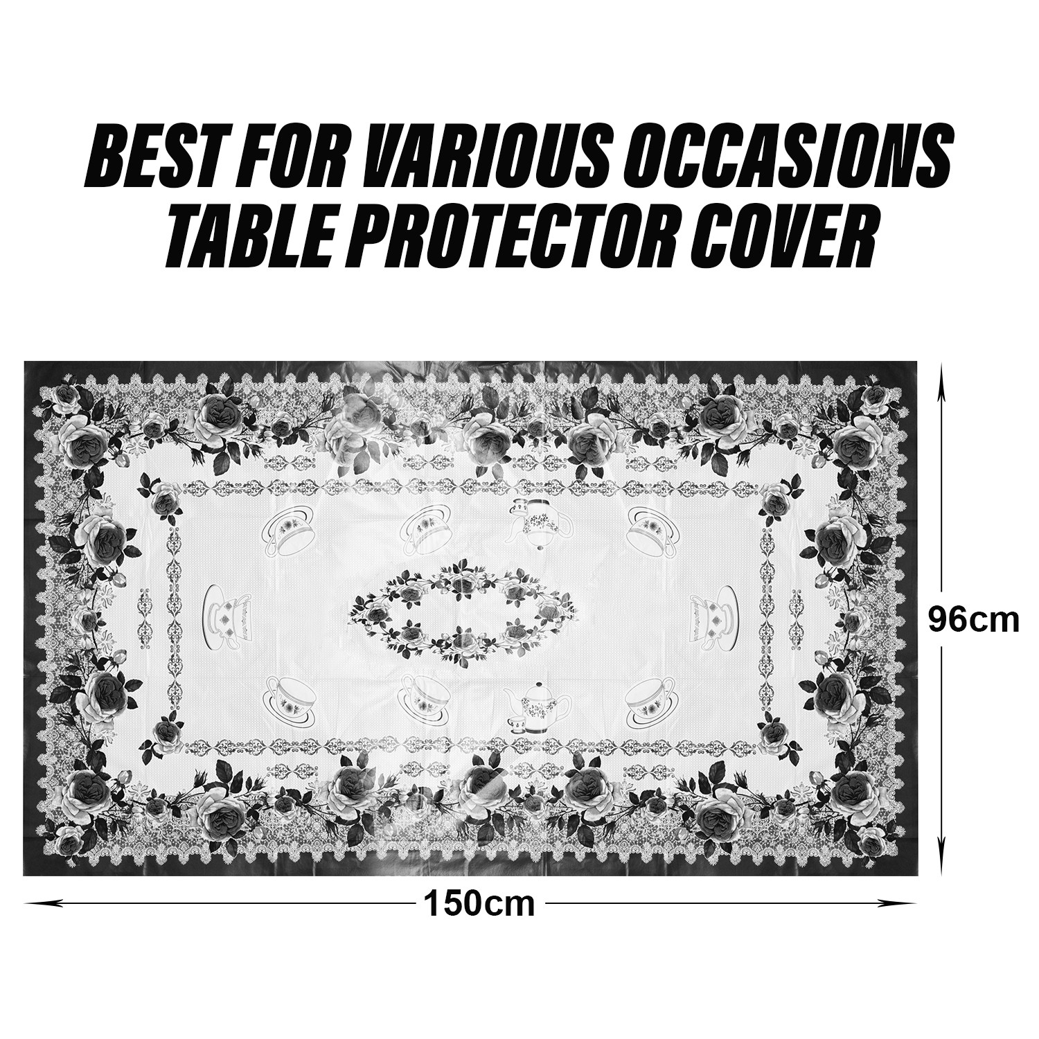 Kuber Industries Center Table Cover | PVC Cup Design with Floral Border Table Cover | Luxurious Table Protector Cover Without Lace for Home | 40x60 Inch | Black