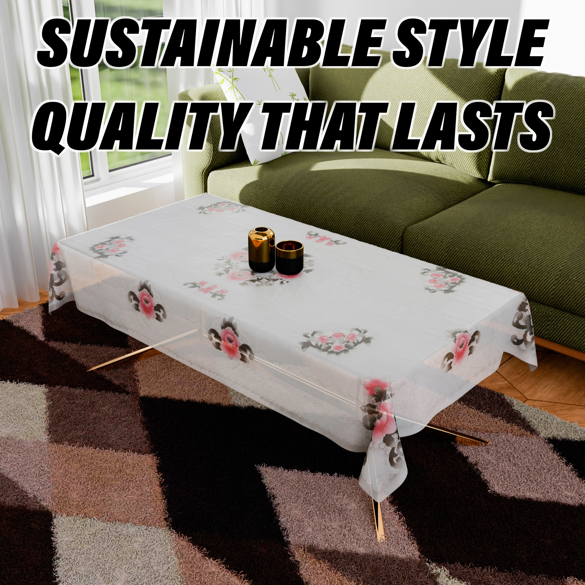 Kuber Industries Center Table Cover  PVC Table Cloth Cover  4 Seater Table Cloth  Flower Almond Table Cover  Table Protector  Table Cover for Center Table  40x60 Inch  Black