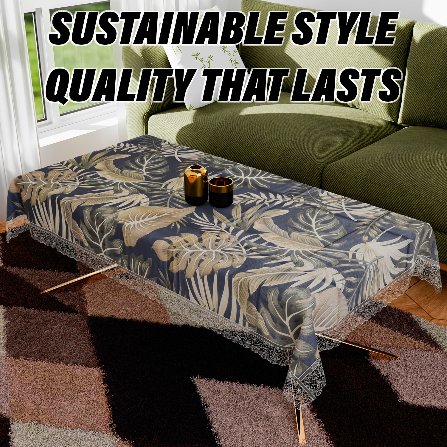 Kuber Industries Center Table Cover | PVC Table Cloth Cover | 4 Seater Table Cloth | Green Leaf Table Cover | Table Protector | Table Cover for Center Table | 40x60 Inch | CTC | Black
