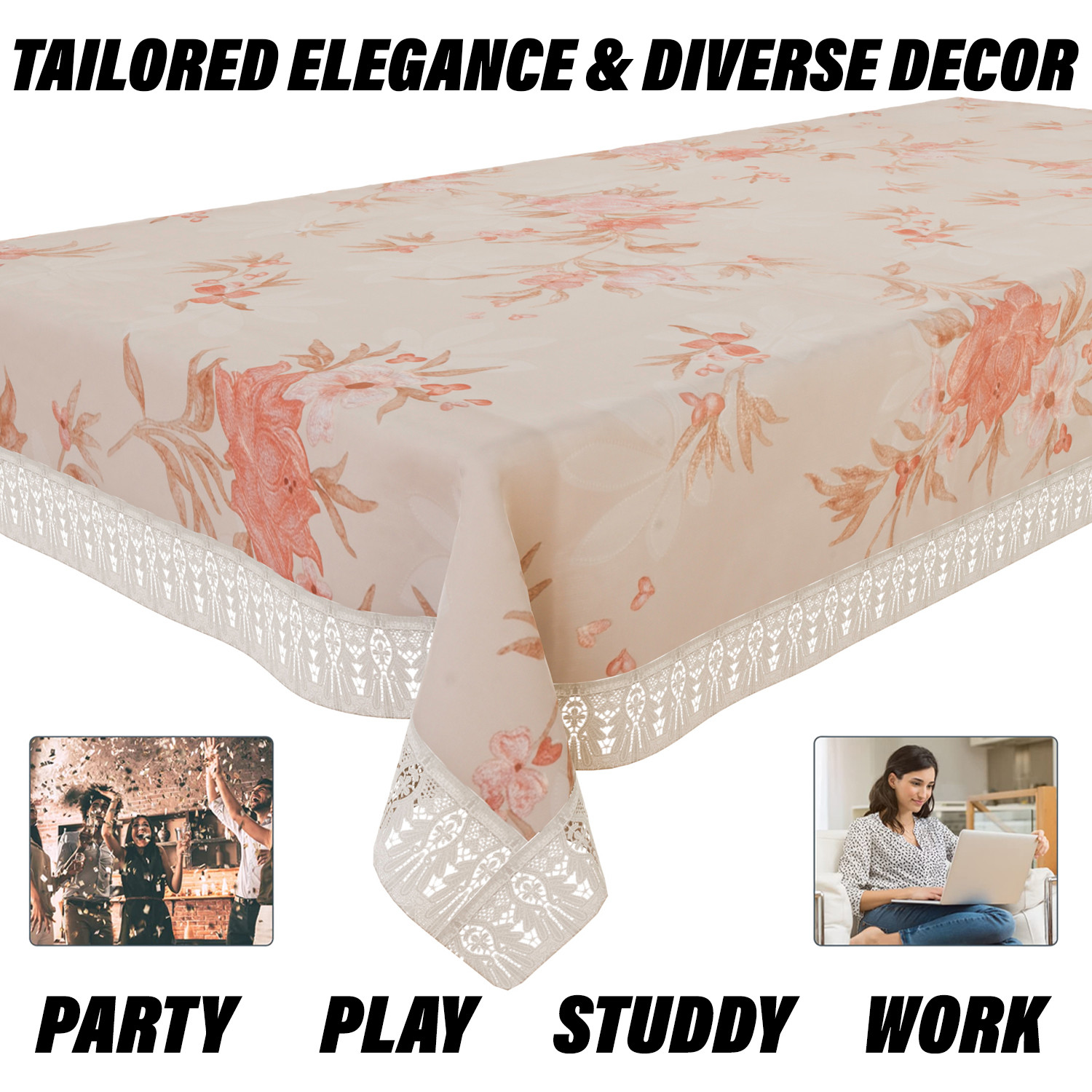 Kuber Industries Center Table Cover | PVC Table Cloth Cover | 4 Seater Table Cloth | Red Flower Table Cover | Table Protector | Table Cover for Center Table | 40x60 Inch | CTC | Cream