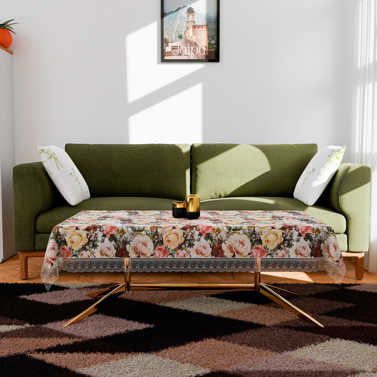 Kuber Industries Center Table Cover  PVC Table Cloth Cover  4 Seater Table Cloth  Rose Table Cover  Table Protector  Table Cover for Center Table  40x60 Inch  CTC  White