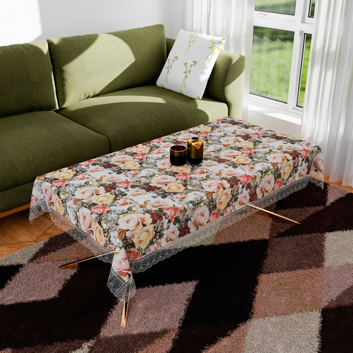 Kuber Industries Center Table Cover | PVC Table Cloth Cover | 4 Seater Table Cloth | Rose Table Cover | Table Protector | Table Cover for Center Table | 40x60 Inch | CTC | White