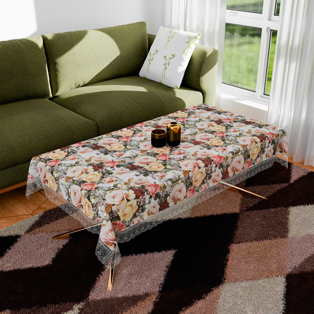 Kuber Industries Center Table Cover | PVC Table Cloth Cover | 4 Seater Table Cloth | Rose Table Cover | Table Protector | Table Cover for Center Table | 40x60 Inch | CTC | White