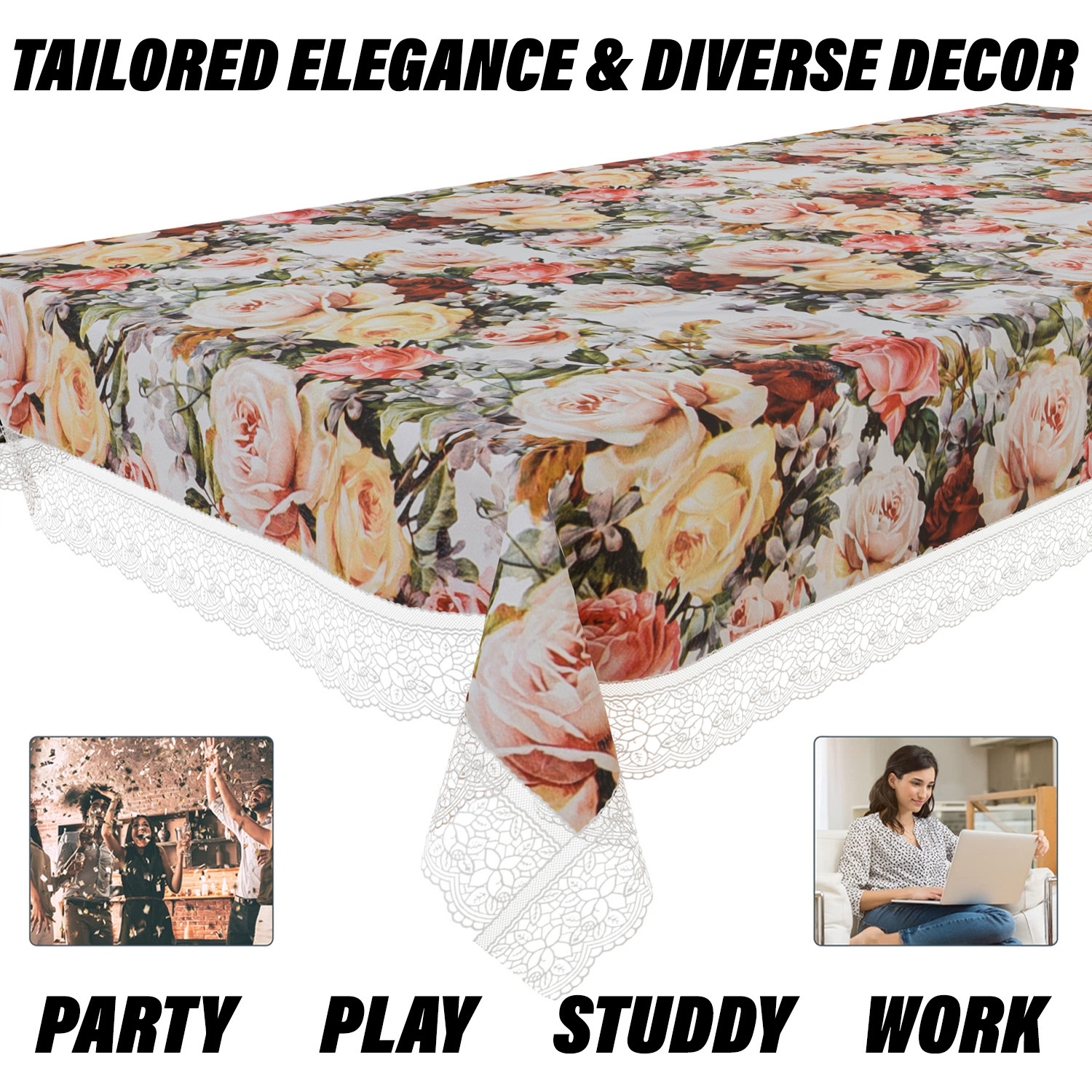 Kuber Industries Center Table Cover | PVC Table Cloth Cover | 4 Seater Table Cloth | Rose Table Cover | Table Protector | Table Cover for Center Table | 40x60 Inch | CTC | White