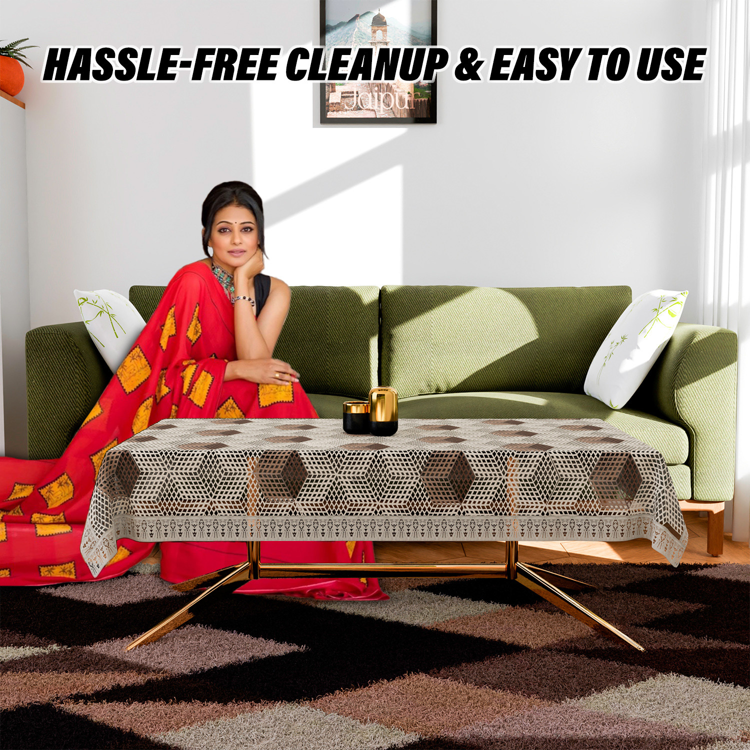 Kuber Industries Center Table Cover  PVC Table Cover  Cube Maiva Embroidery Table Cover  Reusable Cloth Cover for Table Top  Table Protector Cover  40x60 Inch  Cream