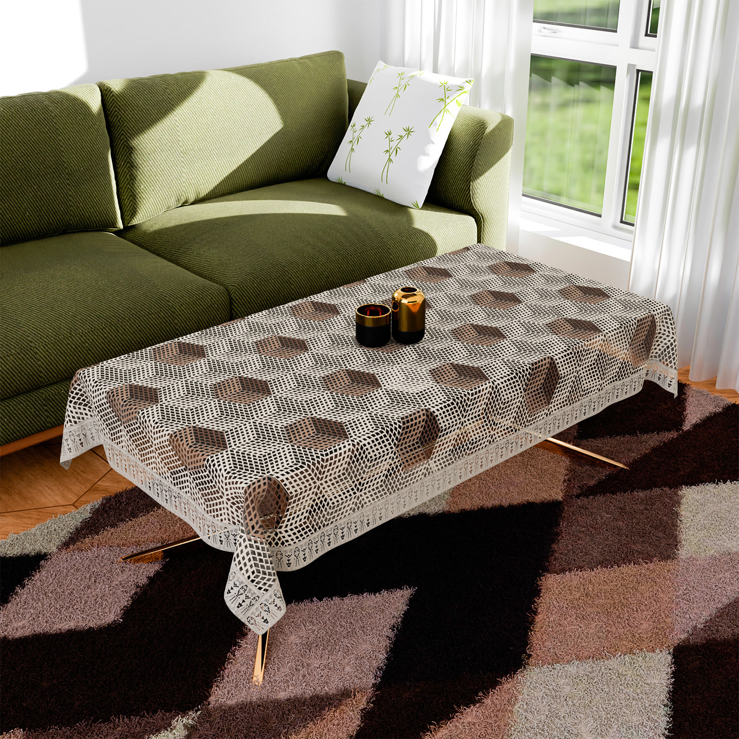 Kuber Industries Center Table Cover | PVC Table Cover | Cube Maiva Embroidery Table Cover | Reusable Cloth Cover for Table Top | Table Protector Cover | 40x60 Inch | Cream