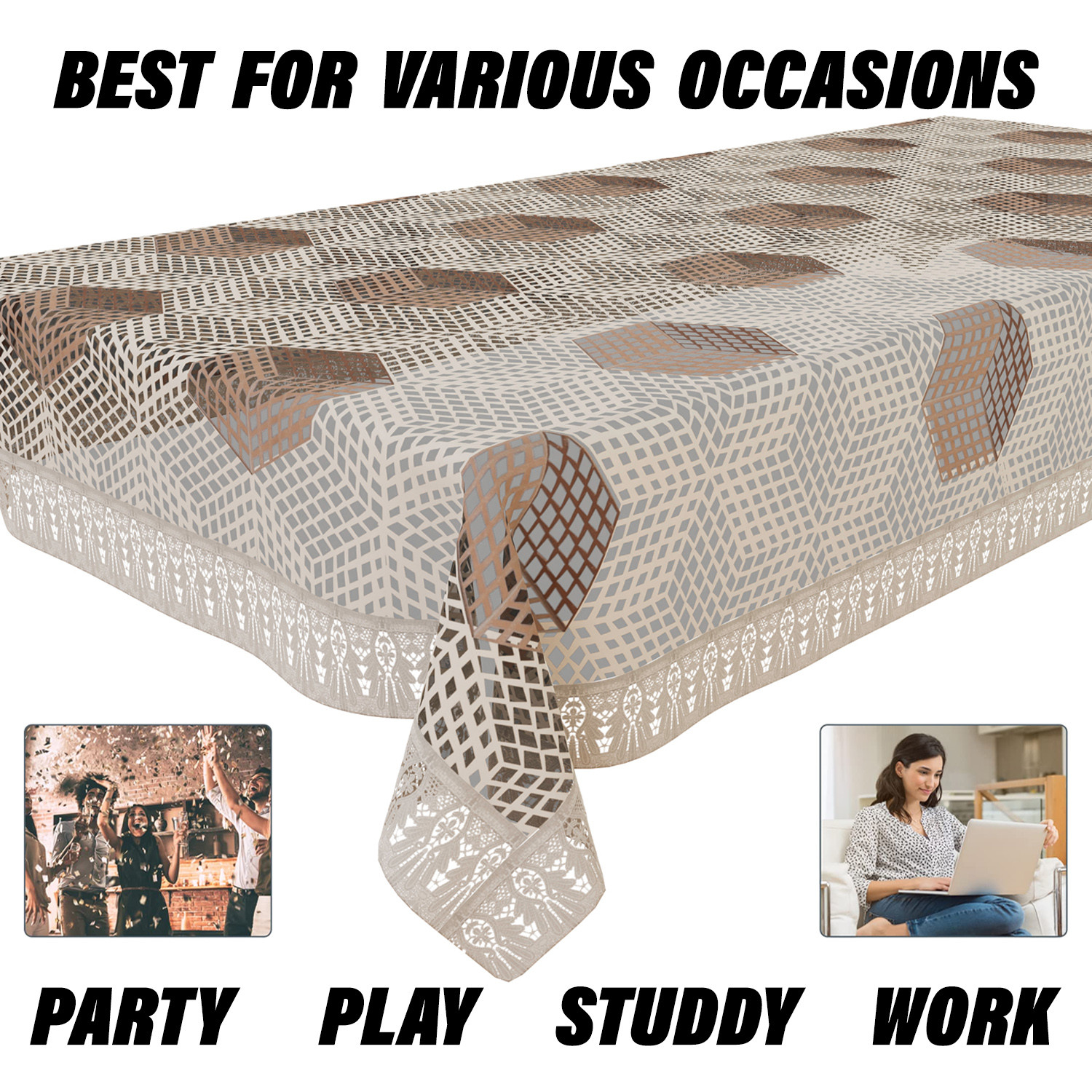 Kuber Industries Center Table Cover | PVC Table Cover | Cube Maiva Embroidery Table Cover | Reusable Cloth Cover for Table Top | Table Protector Cover | 40x60 Inch | Cream