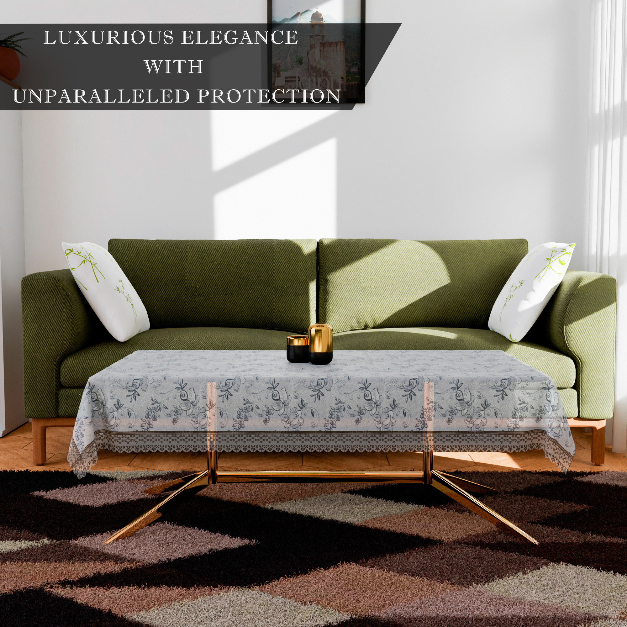 Kuber Industries Center Table Cover  PVC Table Cover  Golden Embossed Lace Flower Table Cover  Table Protector  Table Cover for Center Table  40x60  Transparent