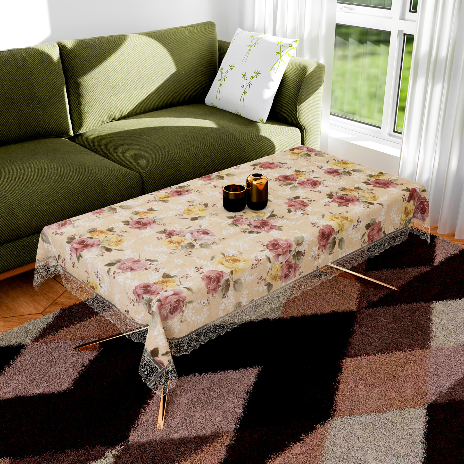Kuber Industries Center Table Cover | PVC Table Cover | Reusable Cloth Cover for Table Top | Flower Design Center Table Cover | Table Protector Cover | 40x60 Inch | Beige