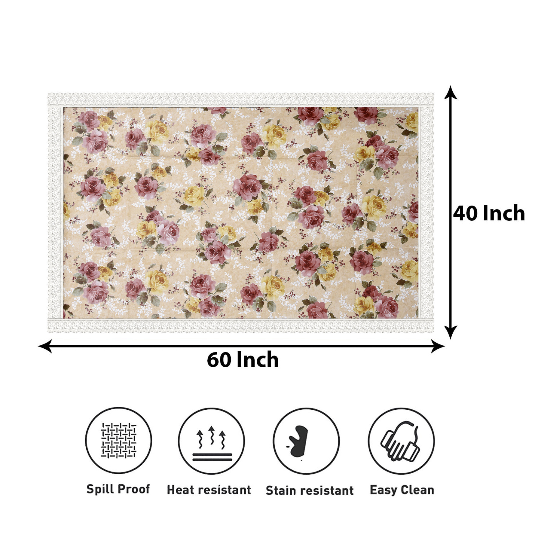 Kuber Industries Center Table Cover | PVC Table Cover | Reusable Cloth Cover for Table Top | Flower Design Center Table Cover | Table Protector Cover | 40x60 Inch | Beige