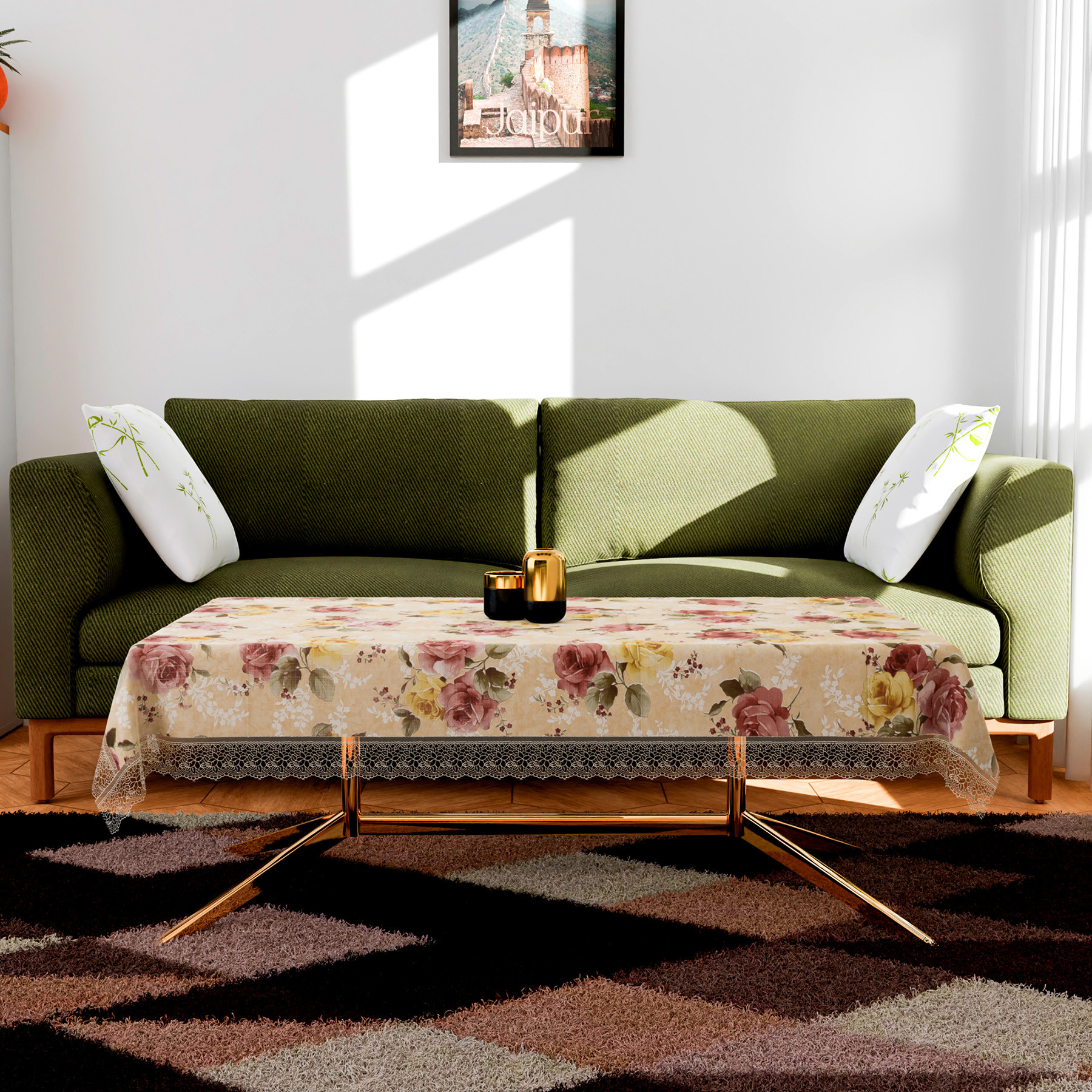 Kuber Industries Center Table Cover | PVC Table Cover | Reusable Cloth Cover for Table Top | Flower Design Center Table Cover | Table Protector Cover | 40x60 Inch | Beige