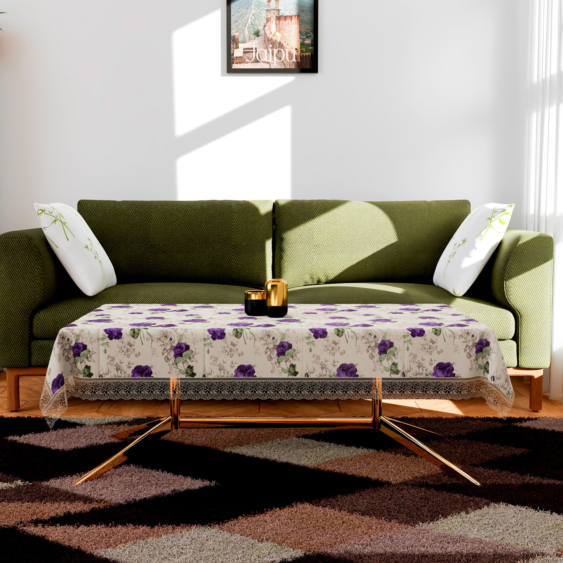 Kuber Industries Center Table Cover  PVC Table Cover  Reusable Cloth Cover for Table Top  Purple Flower Center Table Cover  Table Protector Cover  40x60 Inch  Cream