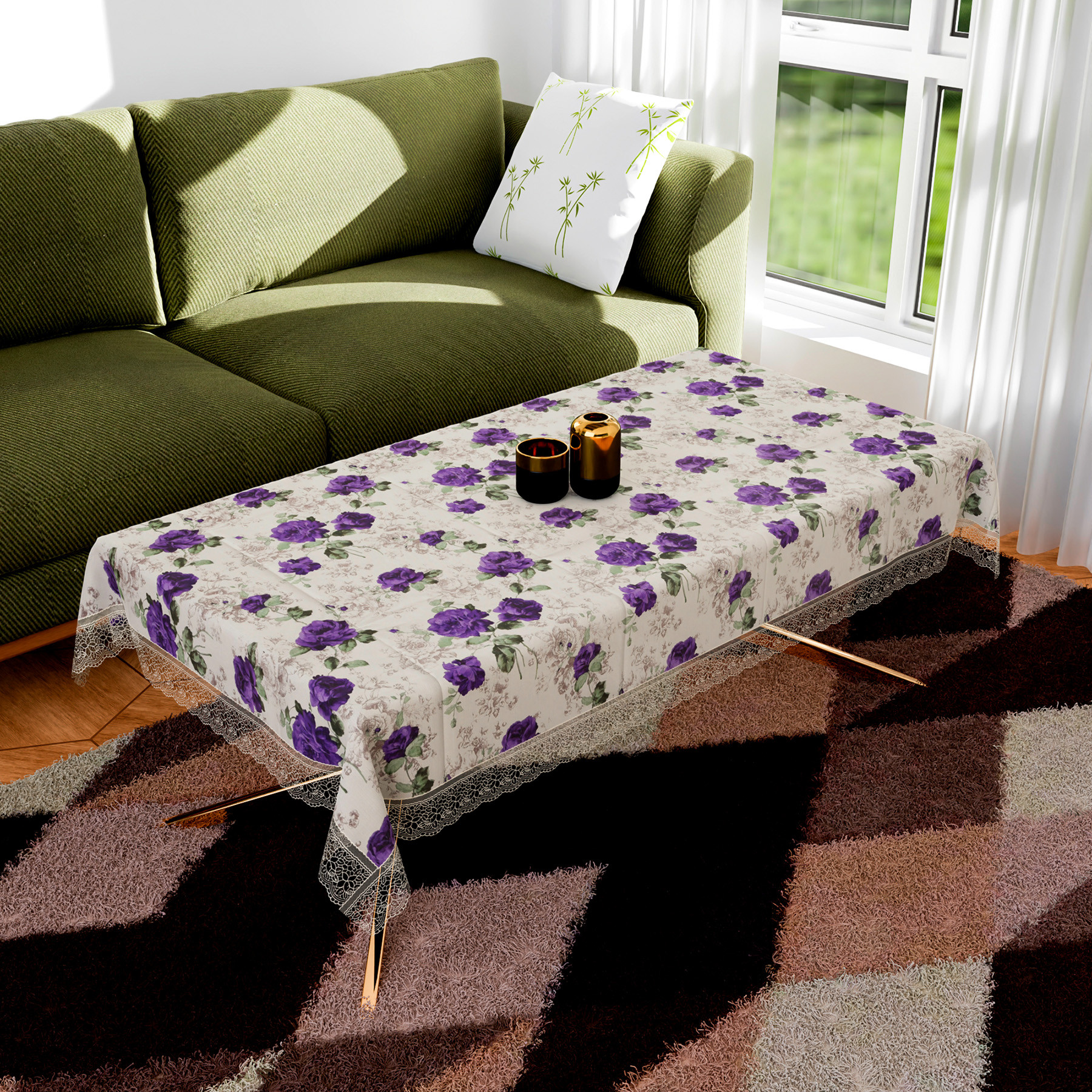 Kuber Industries Center Table Cover | PVC Table Cover | Reusable Cloth Cover for Table Top | Purple Flower Center Table Cover | Table Protector Cover | 40x60 Inch | Cream