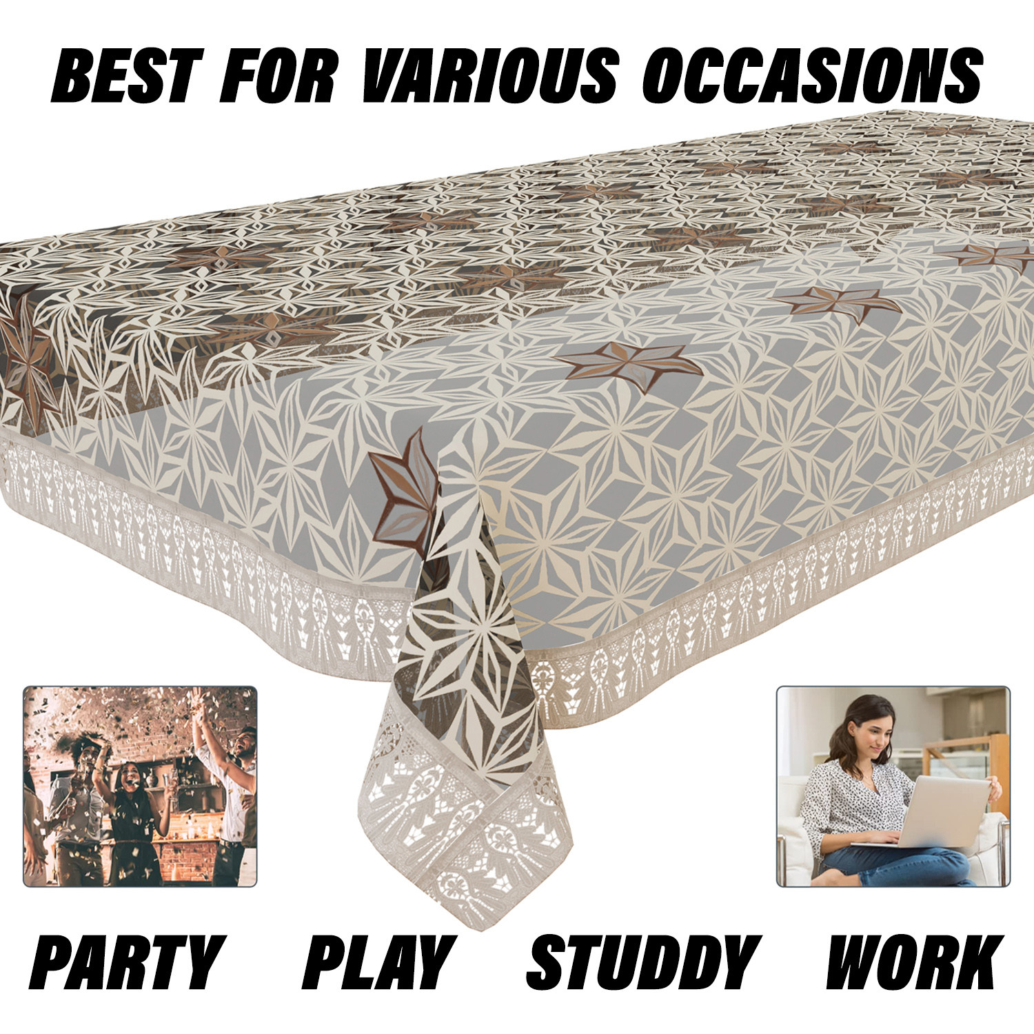 Kuber Industries Center Table Cover  PVC Table Cover  Star Maiva Embroidery Table Cover  Reusable Cloth Cover for Table Top  Table Protector Cover  40x60 Inch  Cream