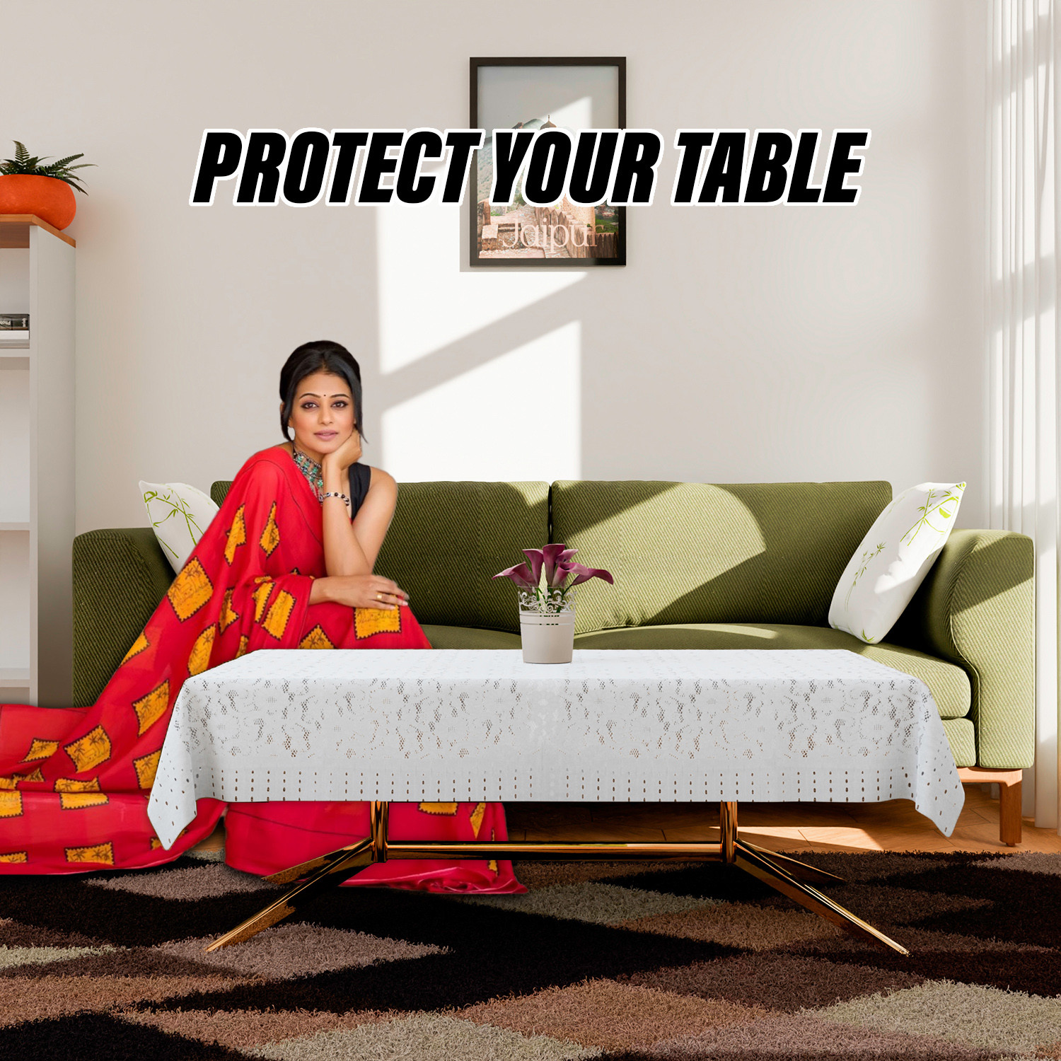 Kuber Industries Center Table Cover | Shinning Net Cashew Design Table Cover | Luxurious Table Protector Cover for Home Decor | 40x60 Inch | White