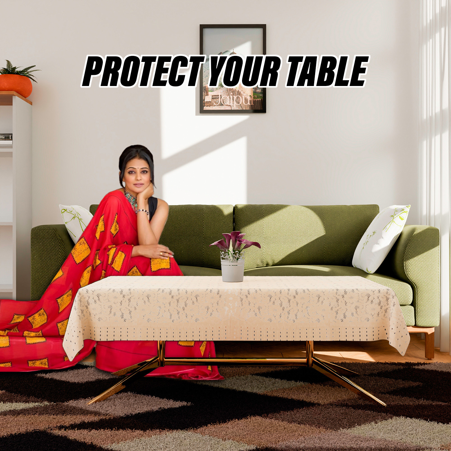 Kuber Industries Center Table Cover | Shinning Net Cashew Design Table Cover | Luxurious Table Protector Cover for Home Decor | 40x60 Inch | Cream