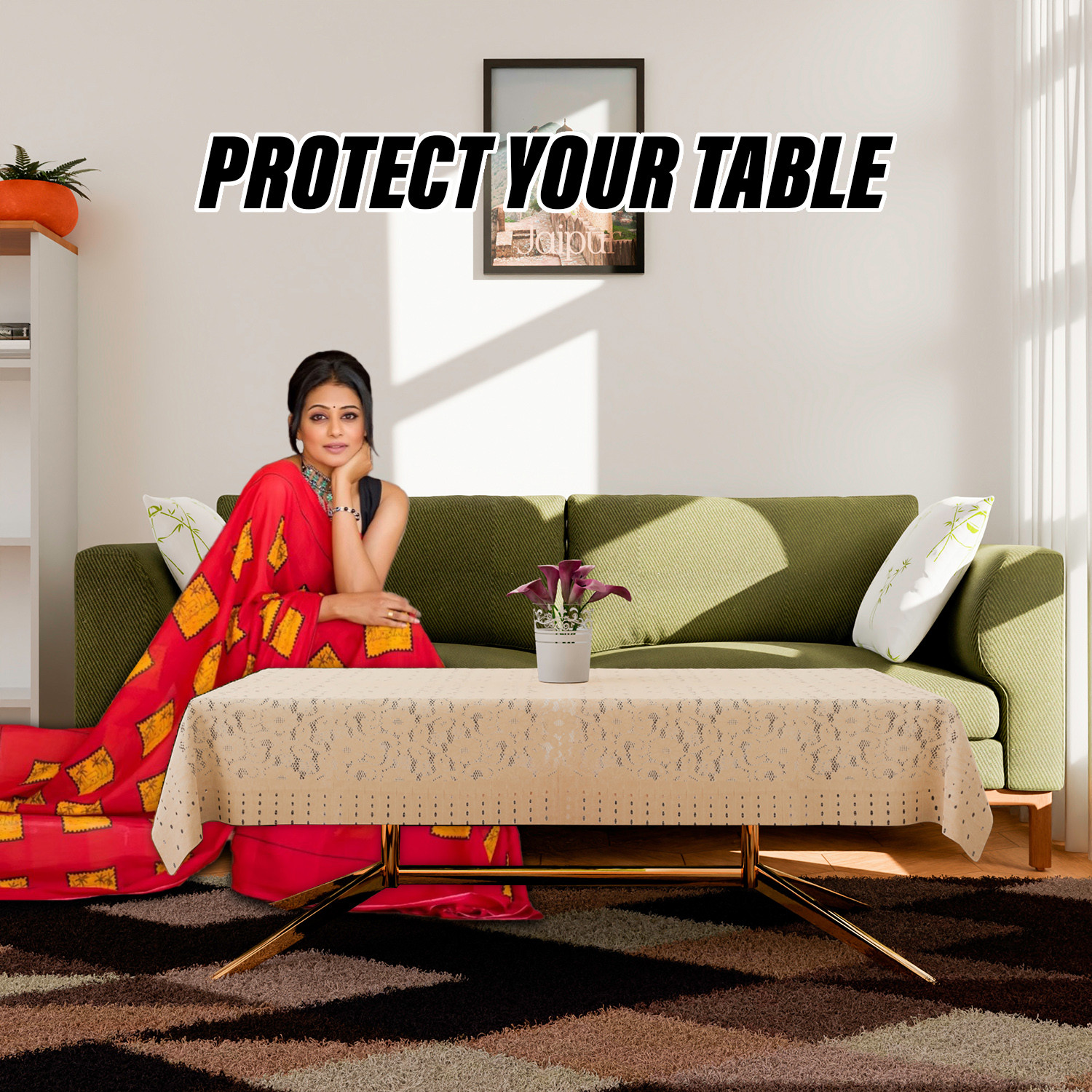 Kuber Industries Center Table Cover | Shinning Net Cashew Design Table Cover | Luxurious Table Protector Cover for Home Decor | 40x60 Inch | Golden