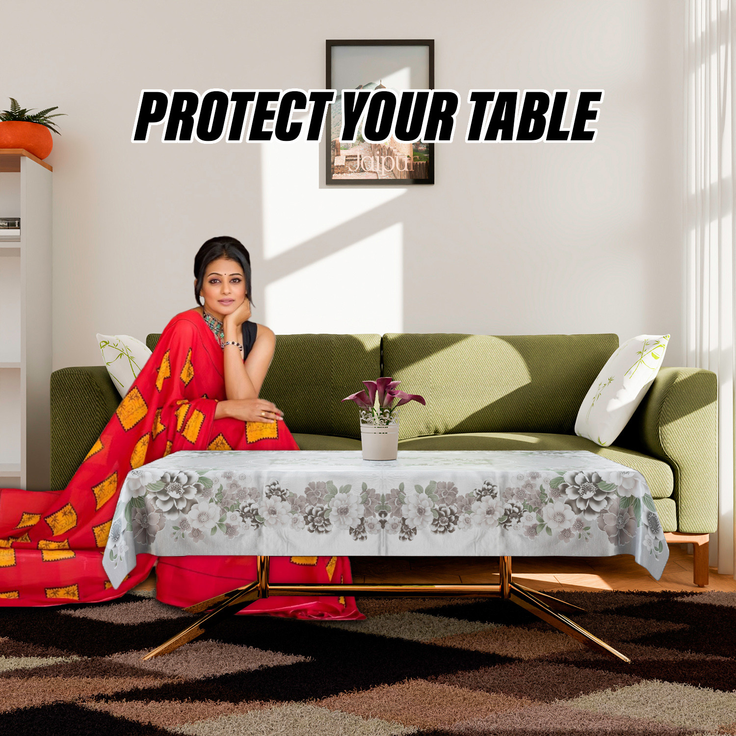 Kuber Industries Center Table Cover | Sigma PVC Flower Center Table Cover | Luxurious Table Protector Cover Without Lace | 40x60 Inch | Silver