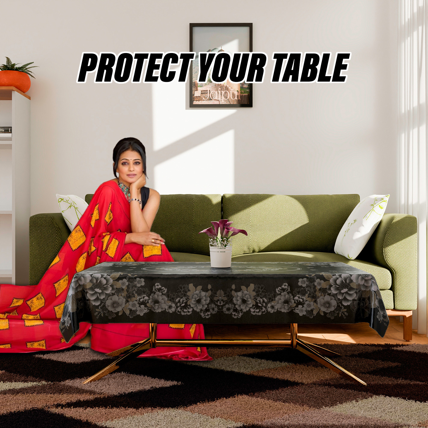 Kuber Industries Center Table Cover | Sigma PVC Flower Center Table Cover | Luxurious Table Protector Cover Without Lace | 40x60 Inch | Black
