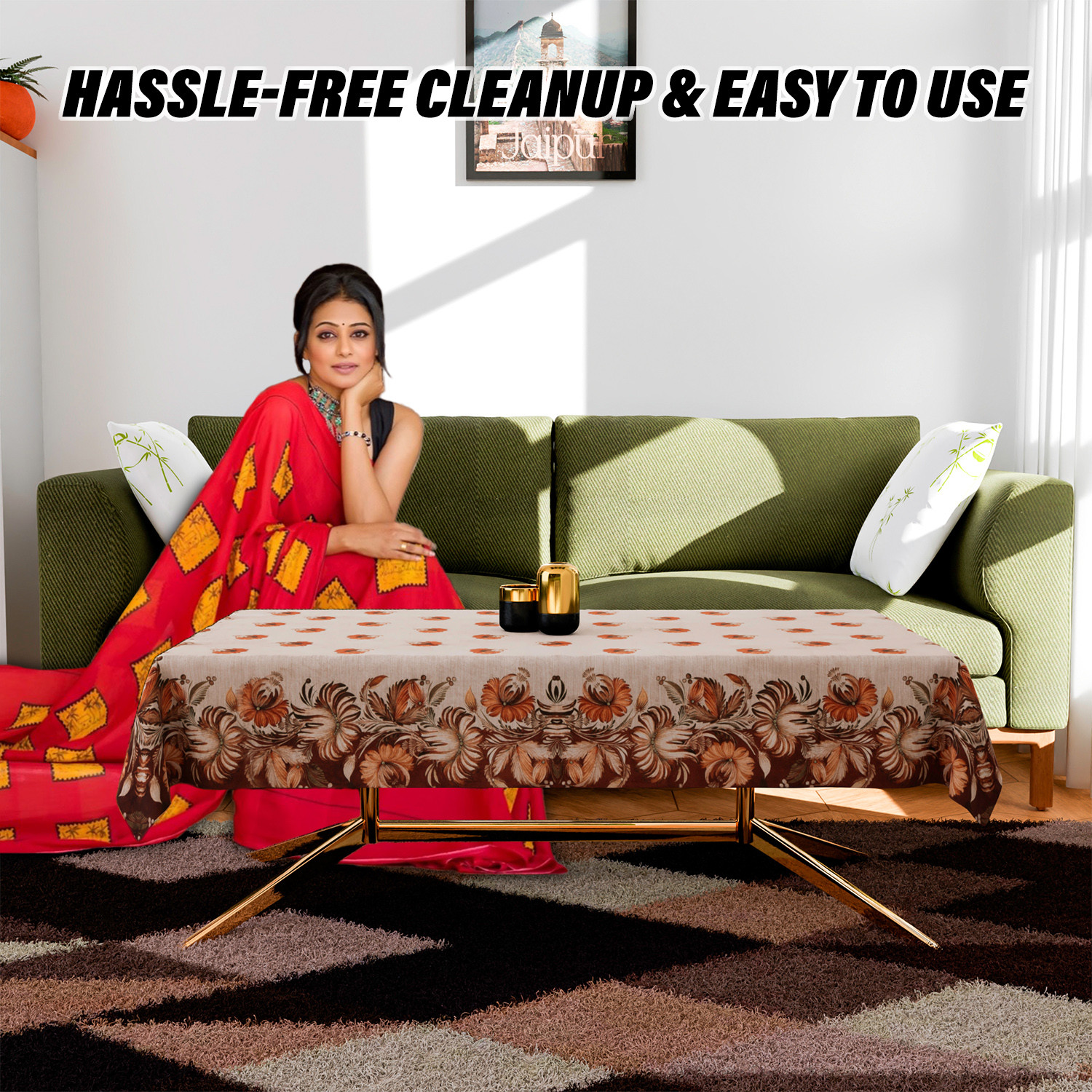 Kuber Industries Center Table Cover  Velvet Sparkle Table Cover  Brown Digital Flower Table Cover  Reusable Cloth Cover for Table Top  Table Protector Cover  40x60 Inch  Golden