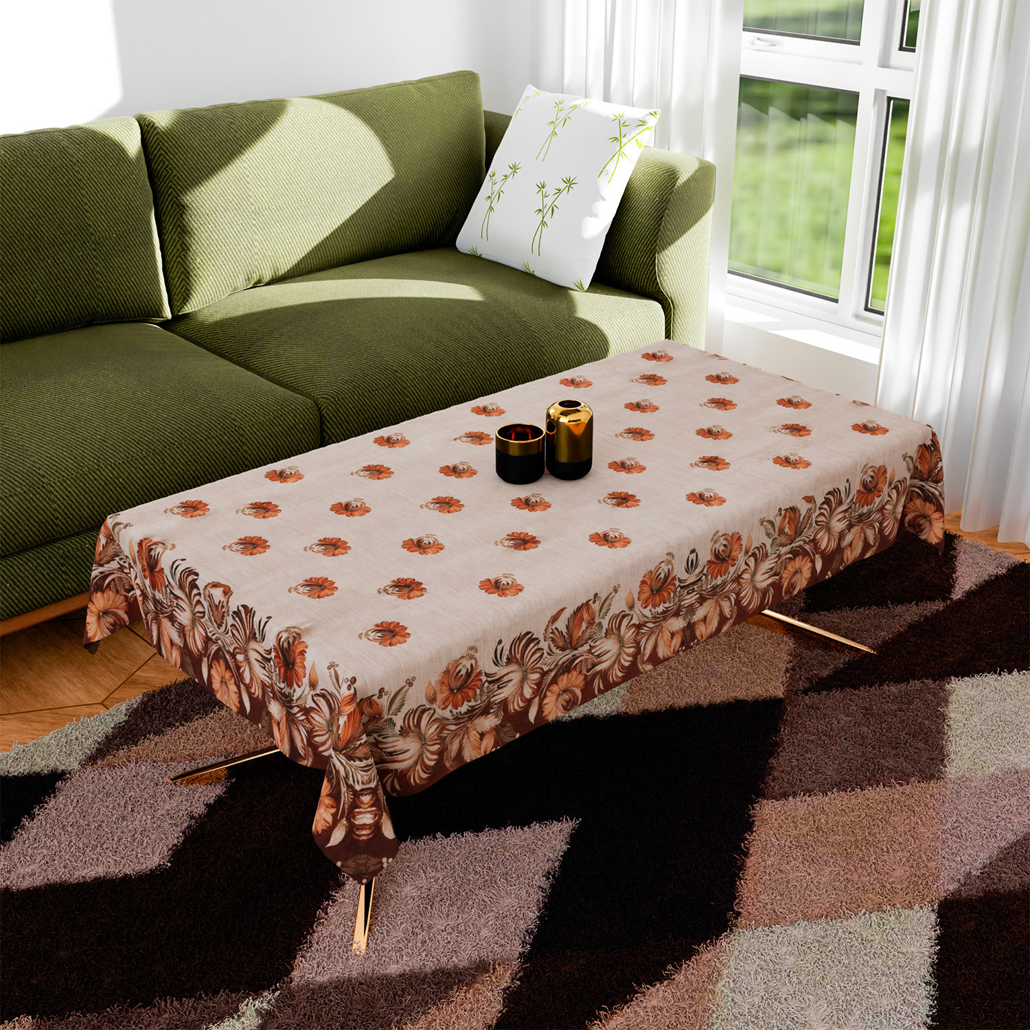 Kuber Industries Center Table Cover | Velvet Sparkle Table Cover | Brown Digital Flower Table Cover | Reusable Cloth Cover for Table Top | Table Protector Cover | 40x60 Inch | Cream