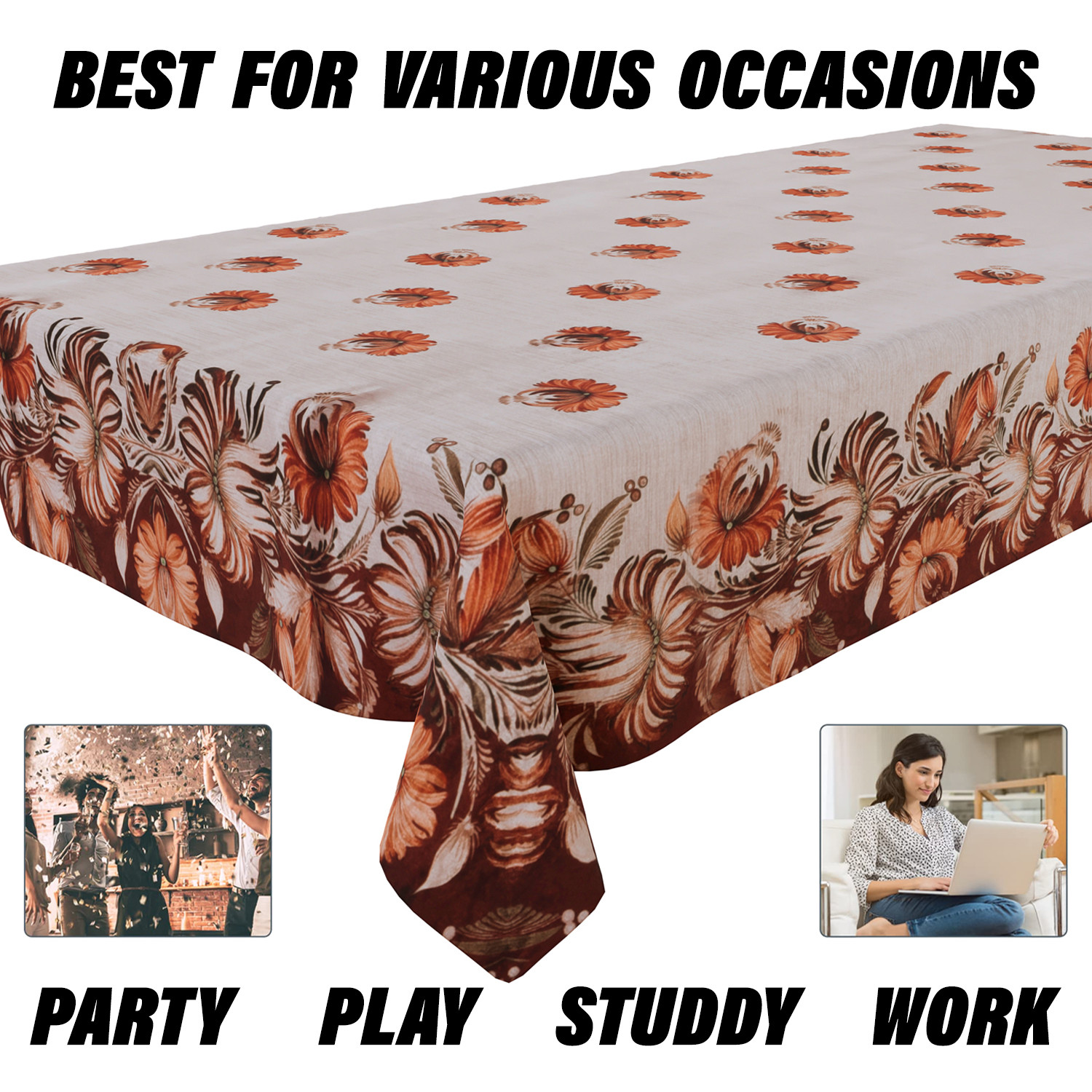 Kuber Industries Center Table Cover | Velvet Sparkle Table Cover | Brown Digital Flower Table Cover | Reusable Cloth Cover for Table Top | Table Protector Cover | 40x60 Inch | Cream