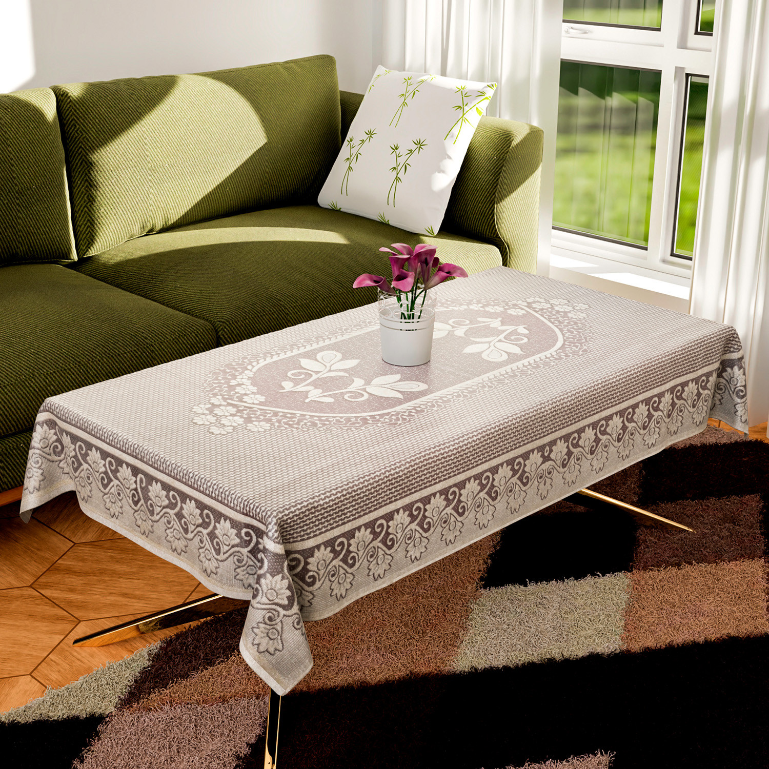 Kuber Industries Center Table Cover|Cotton Luxurious Net Floral S-19 Design|Stain-Resistant & Anti Skid Coffee Table Cover|40x60 Inch (Maroon)