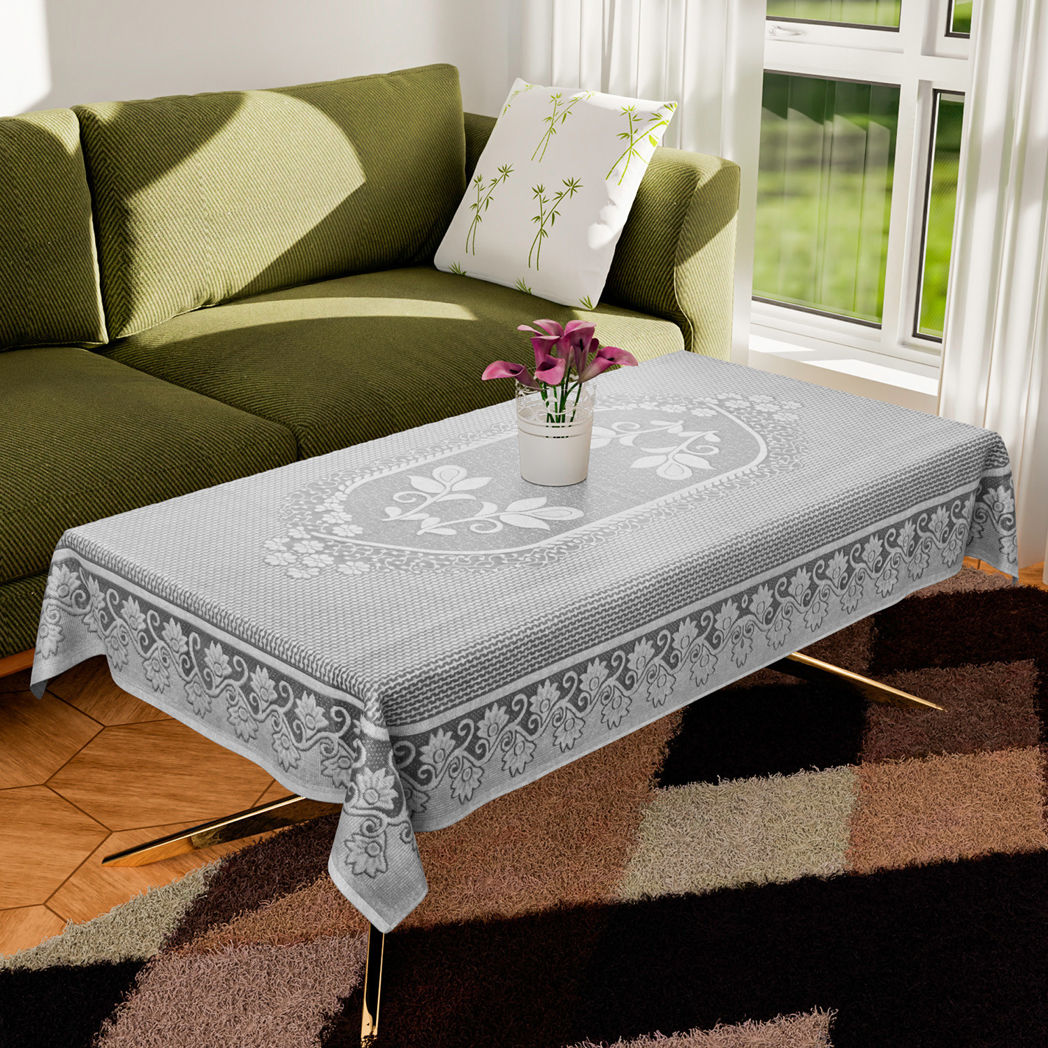 Kuber Industries Center Table Cover|Cotton Luxurious Net Floral S-19 Design|Stain-Resistant & Anti Skid Coffee Table Cover|40x60 Inch (White)
