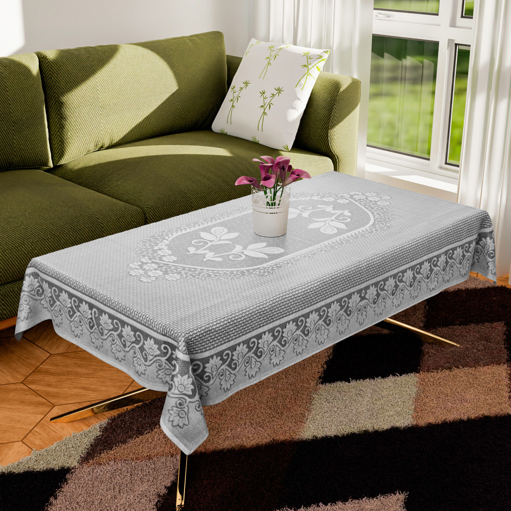 Kuber Industries Center Table Cover|Cotton Luxurious Net Floral S-19 Design|Stain-Resistant &amp; Anti Skid Coffee Table Cover|40x60 Inch (White)
